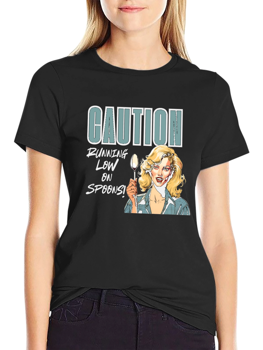 Camiseta Negra Caution Running Low on Spoons