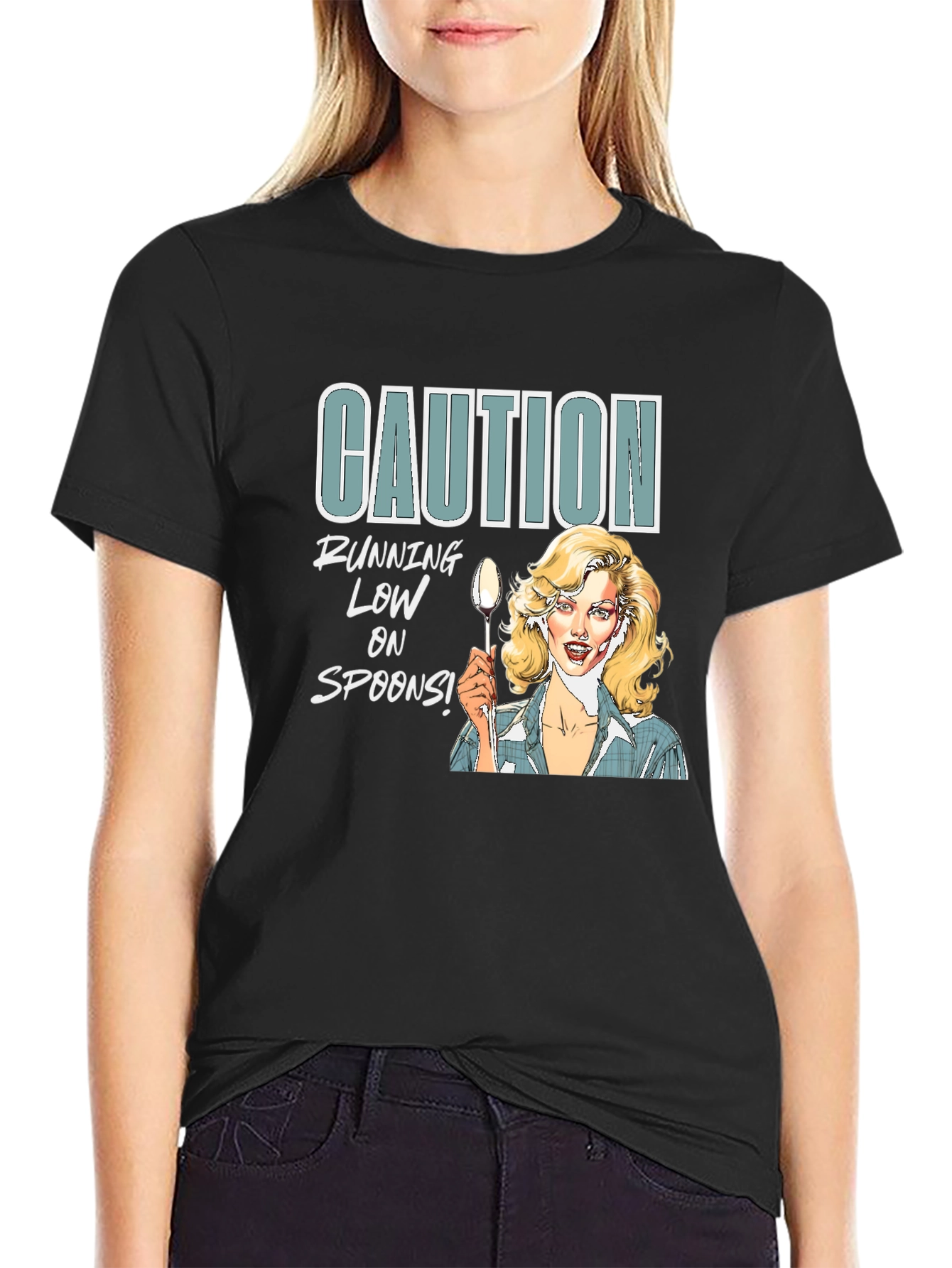 Camiseta Negra Caution Running Low on Spoons