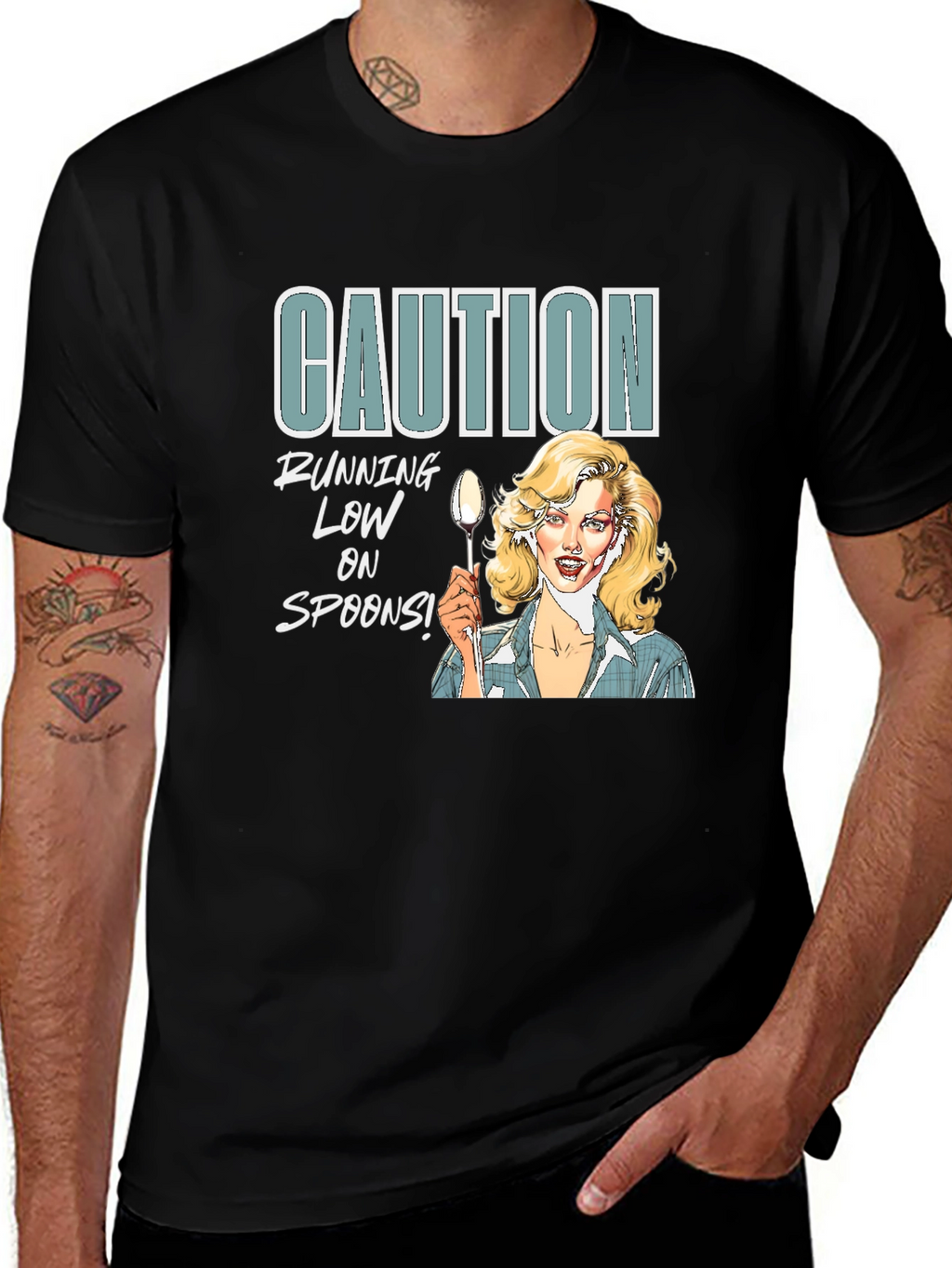 Camiseta Negra Caution Running Low on Spoons