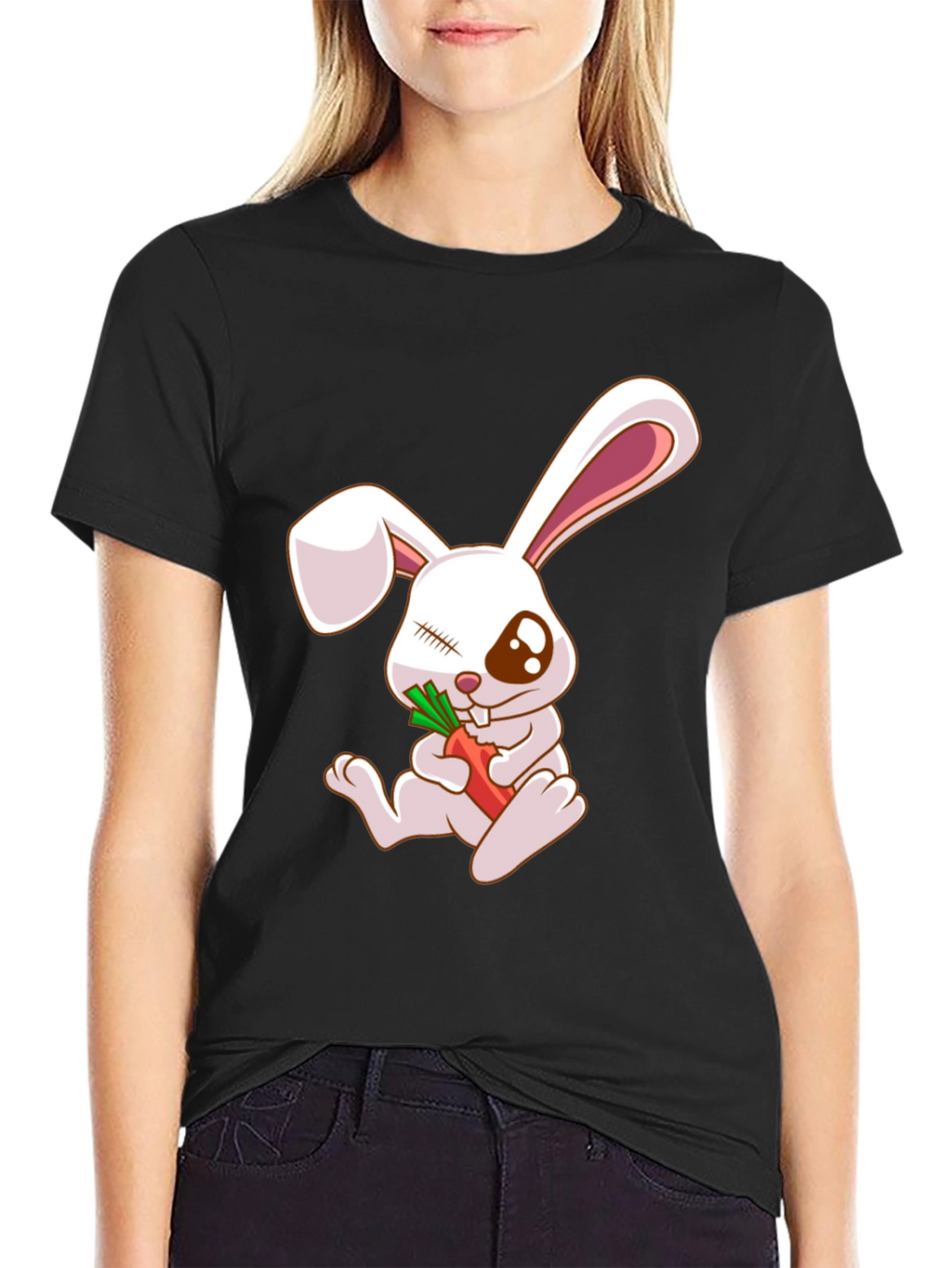Camiseta Negra con Conejo y Zanahoria