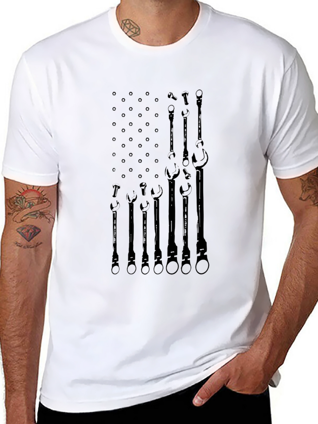 Camiseta Negra Bandera Americana Herramientas Mecánico