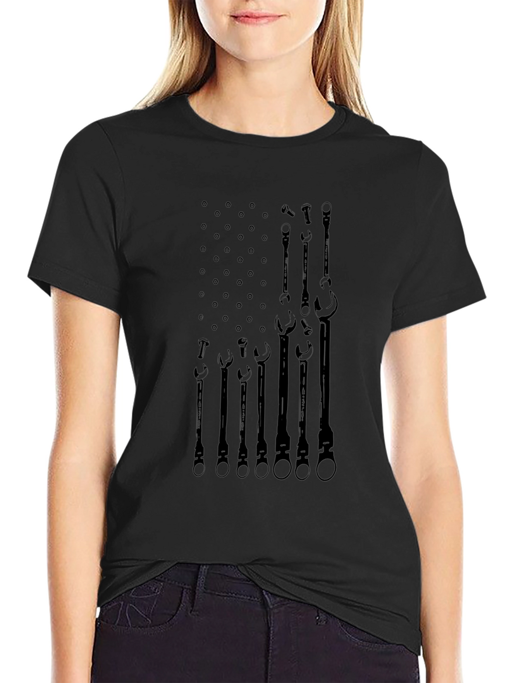 Camiseta Negra Bandera Americana Herramientas Mecánico