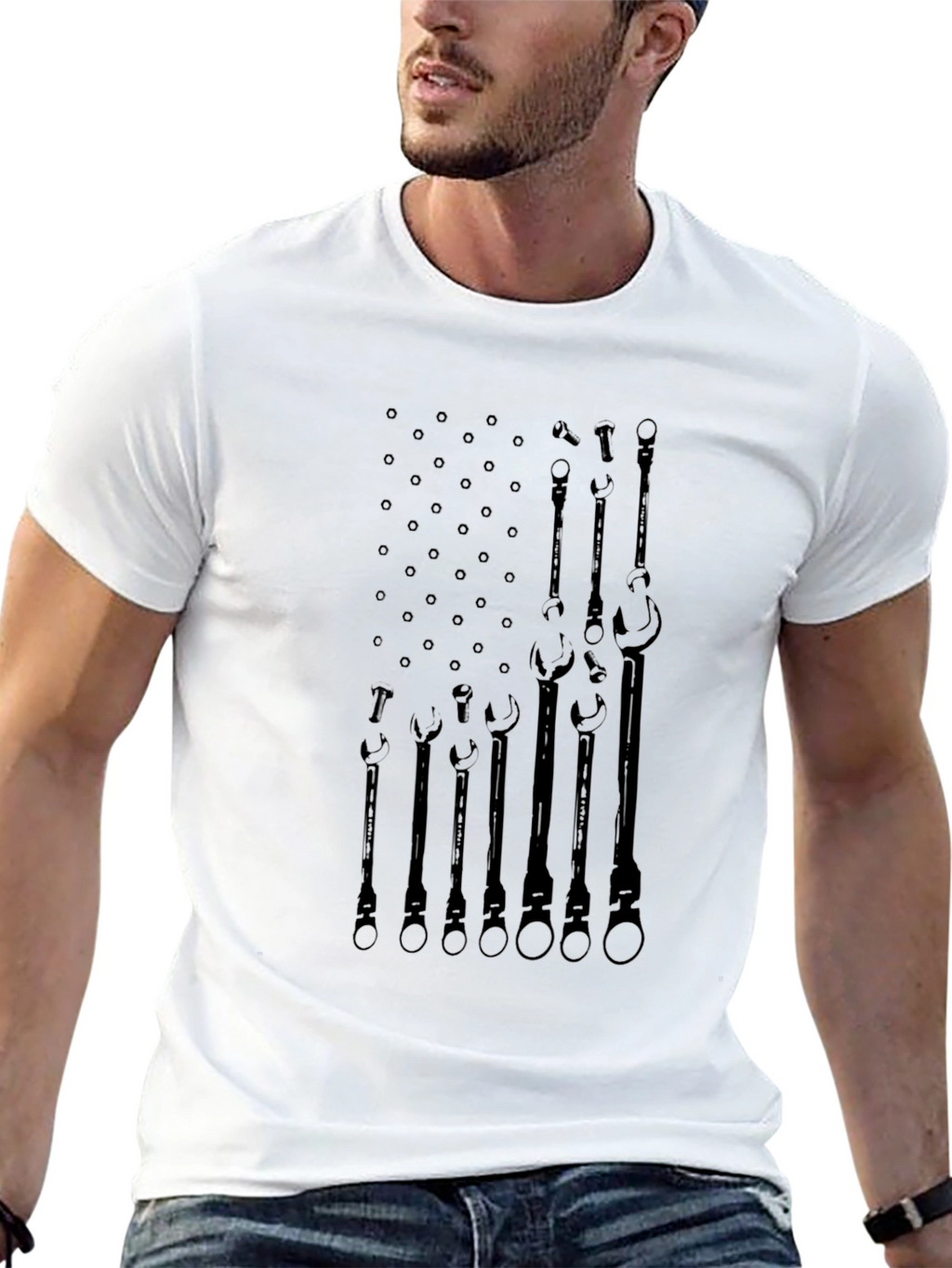 Camiseta Negra Bandera Americana Herramientas Mecánico