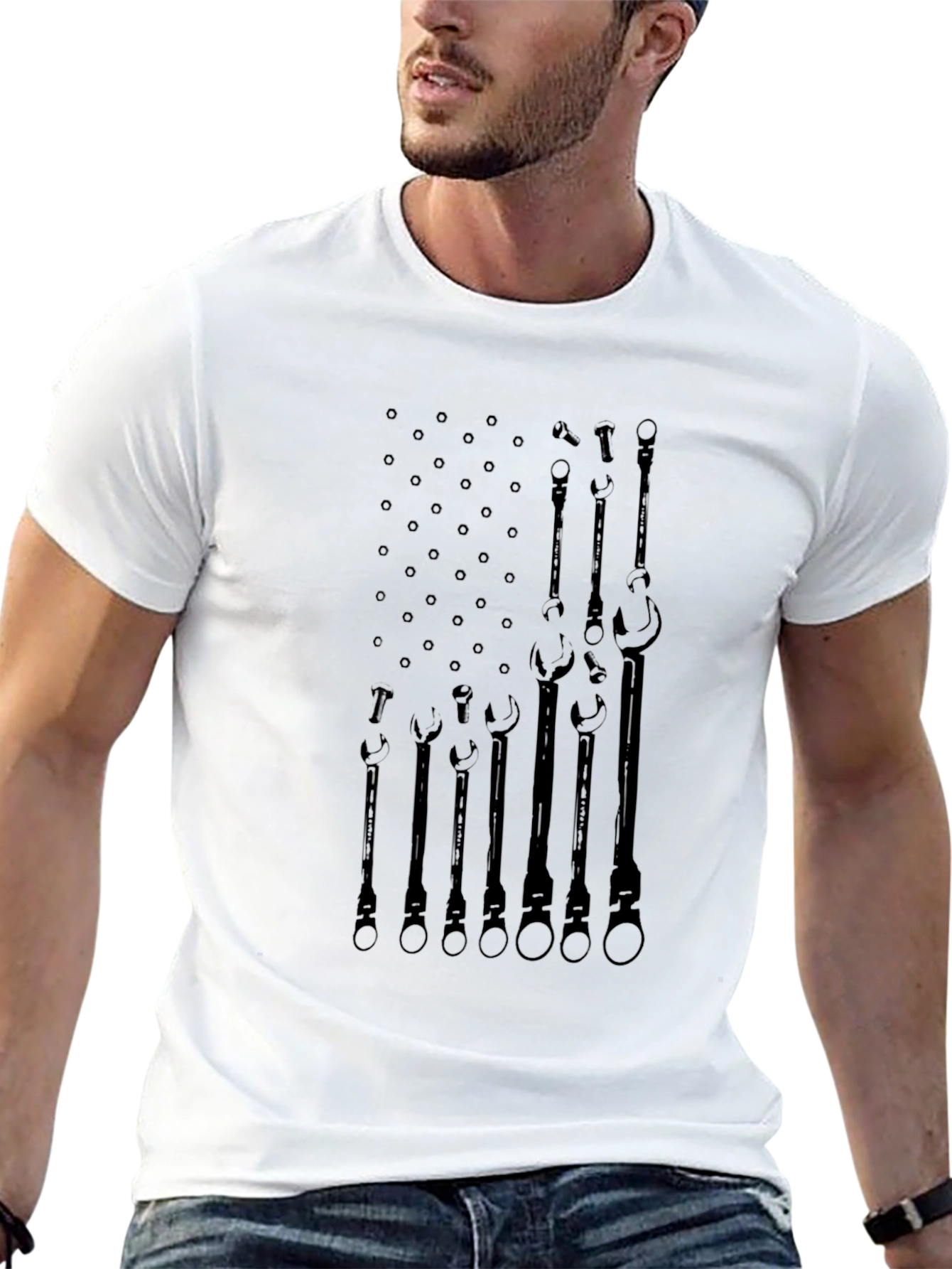 Camiseta Negra Bandera Americana Herramientas Mecánico