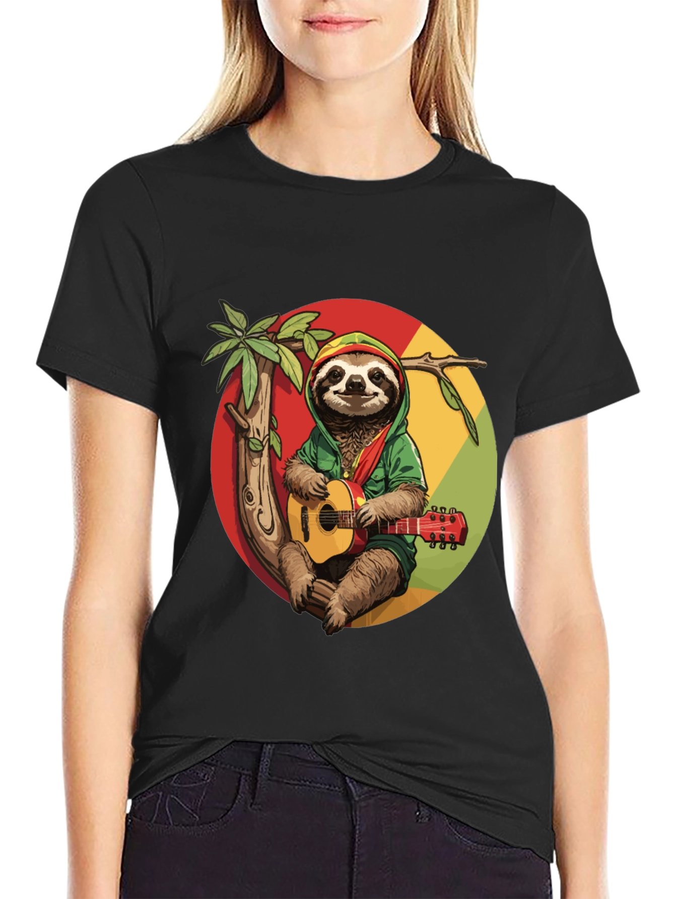 Camiseta Negra con Diseño de Perezoso Reggae