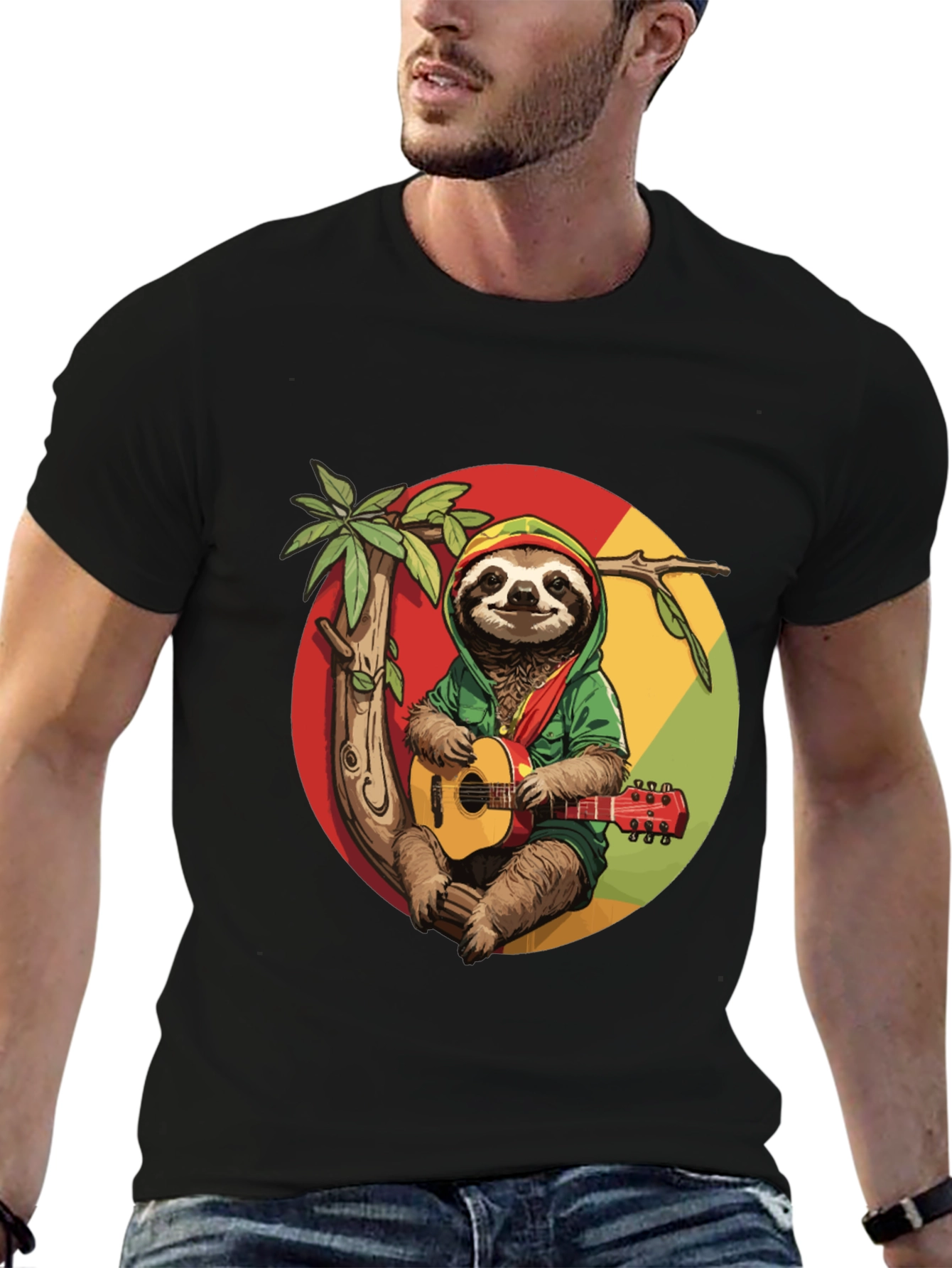 Camiseta Negra con Diseño de Perezoso Reggae