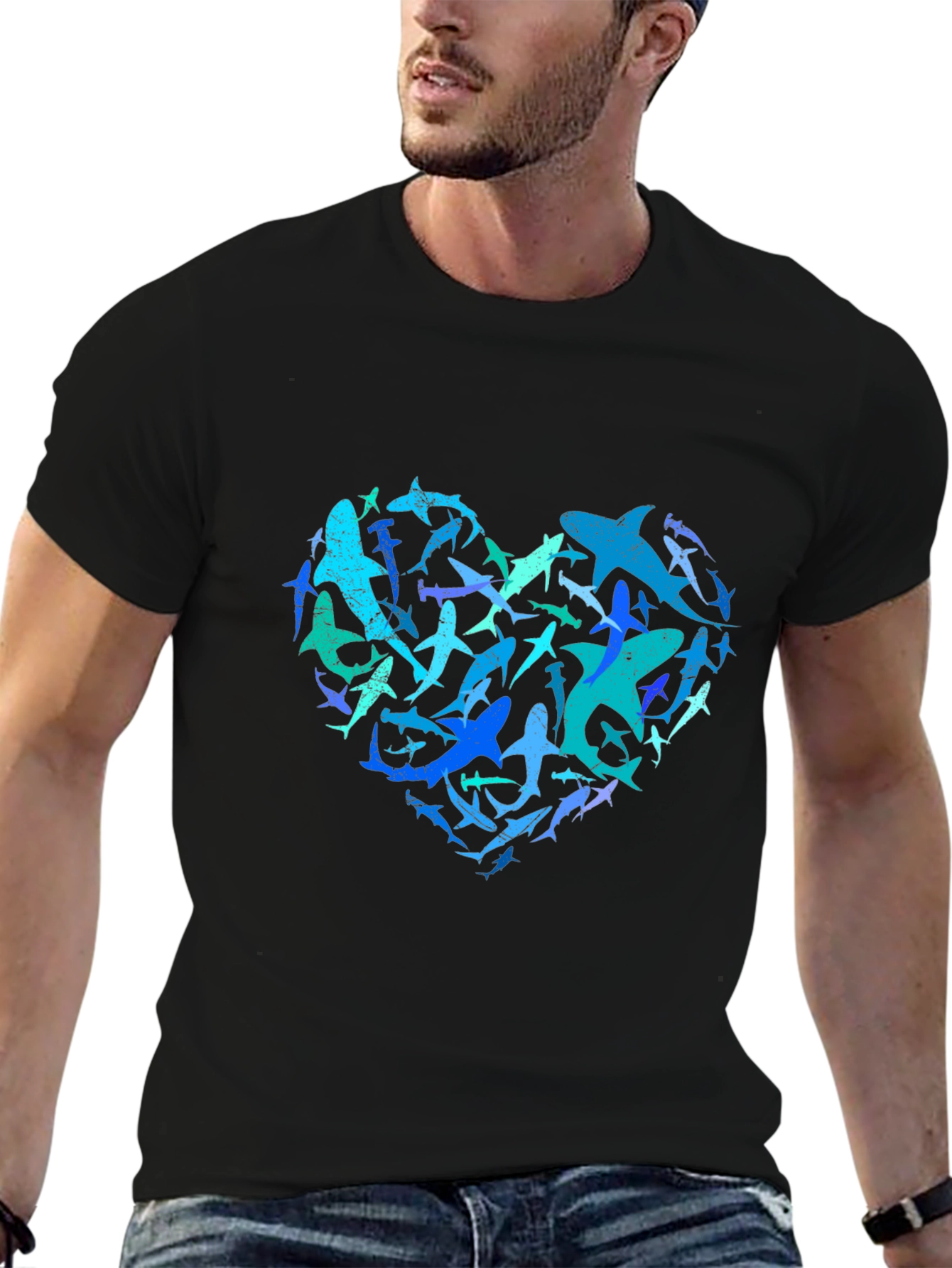 Camiseta Hombre Negra Corazón de Tiburones