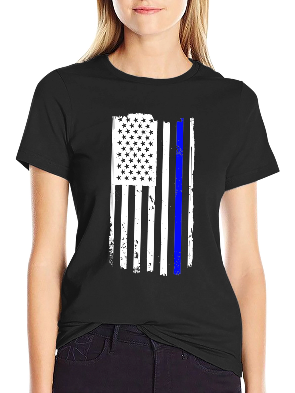 Camiseta Negra Bandera USA Línea Azul
