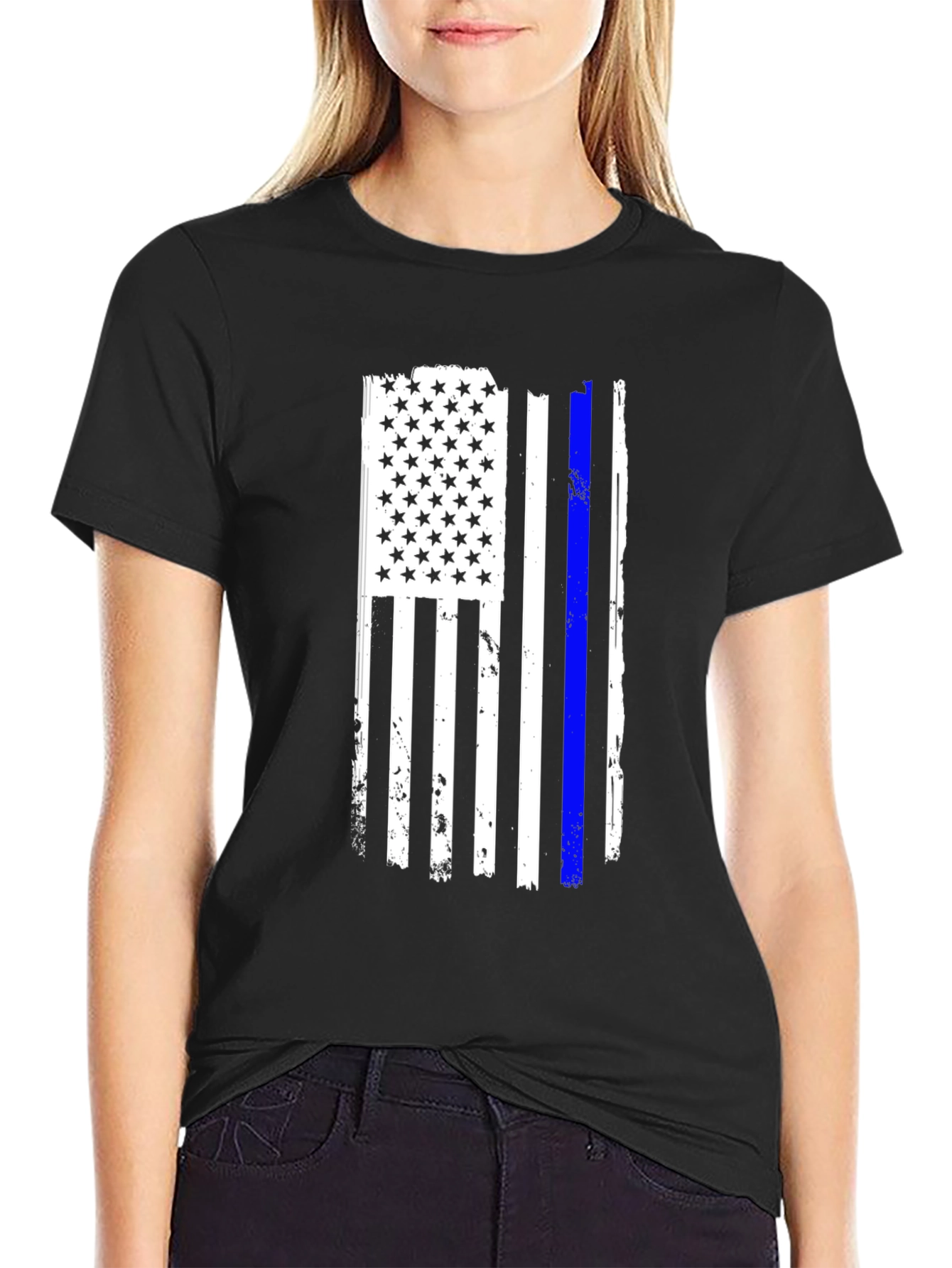 Camiseta Negra Bandera USA Línea Azul