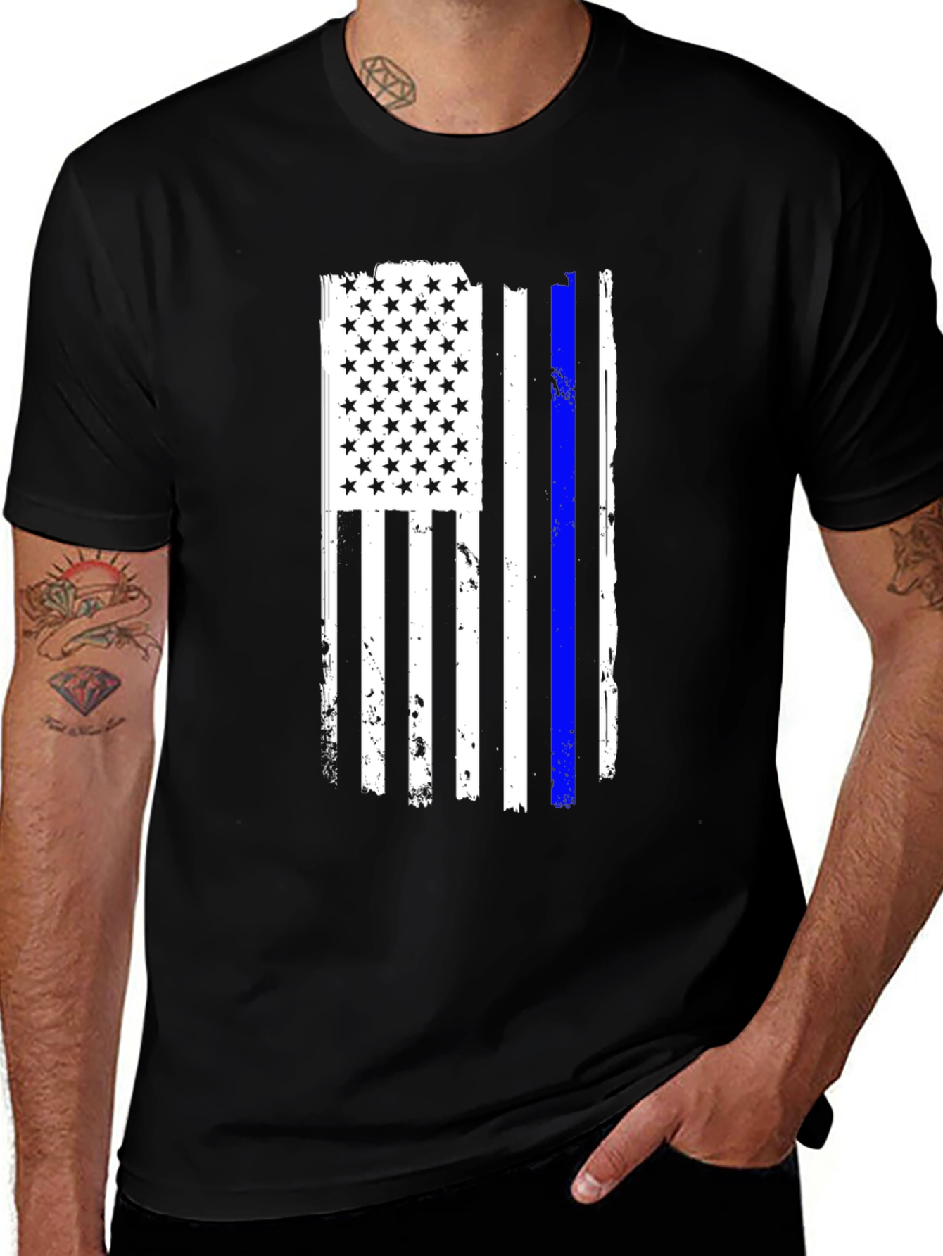 Camiseta Negra Bandera USA Línea Azul
