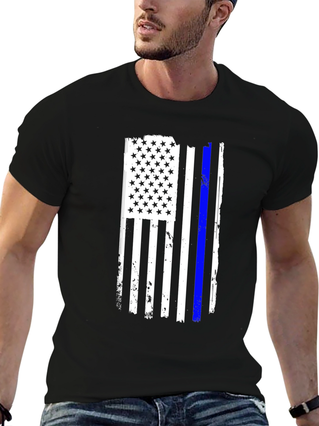 Camiseta Negra Bandera USA Línea Azul