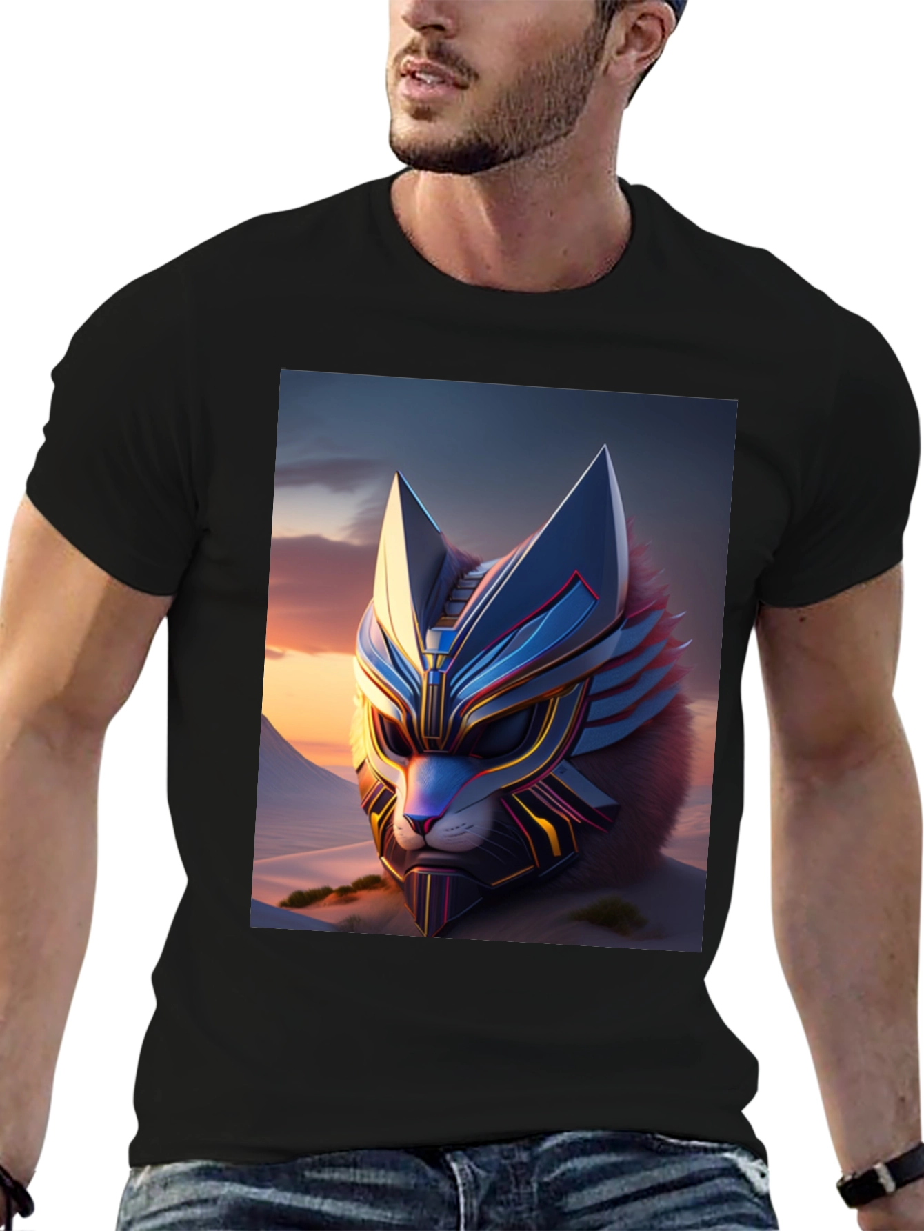 Camiseta Negra con Diseño de Gato Cibernético