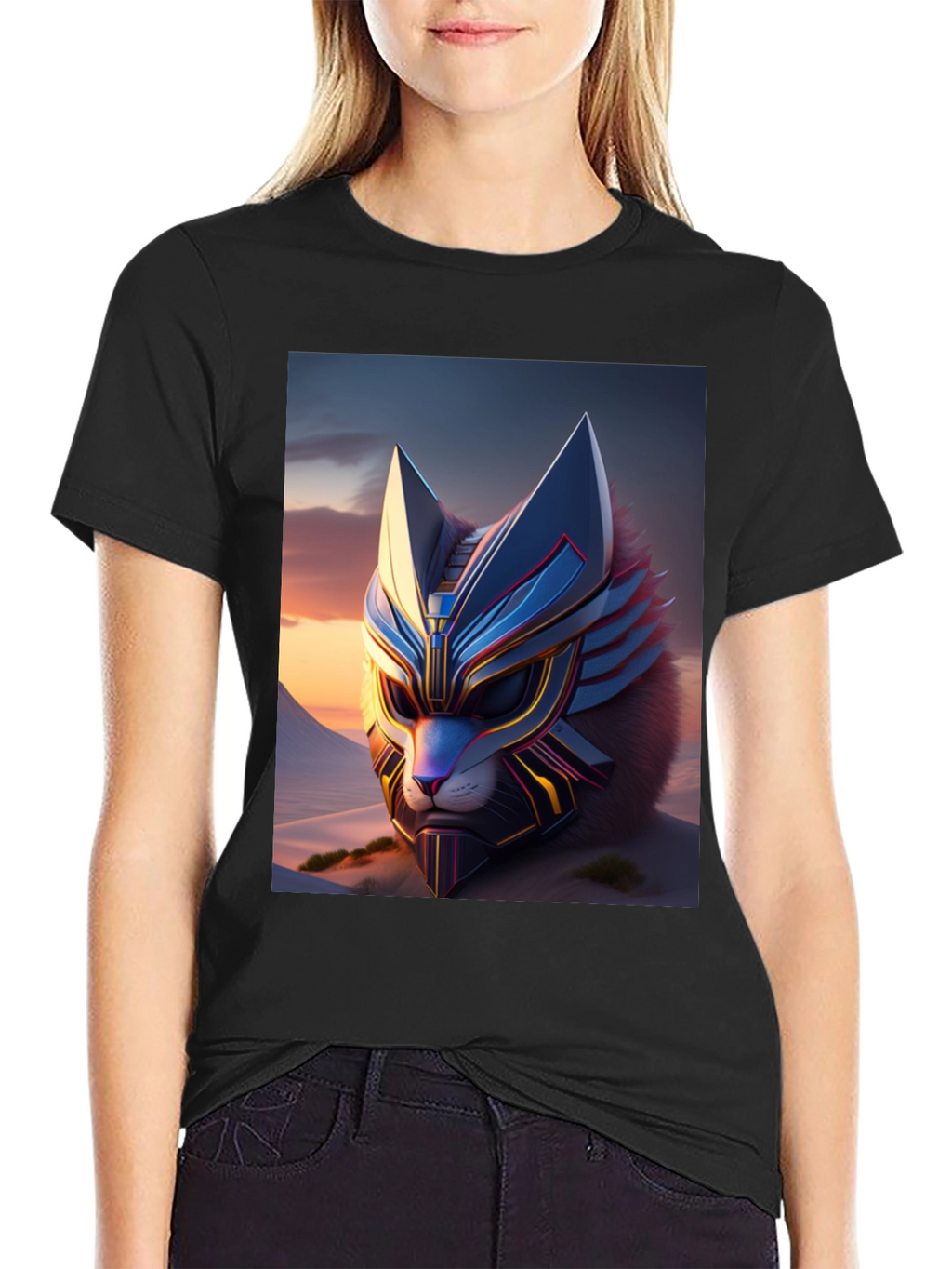 Camiseta Negra con Diseño de Gato Cibernético