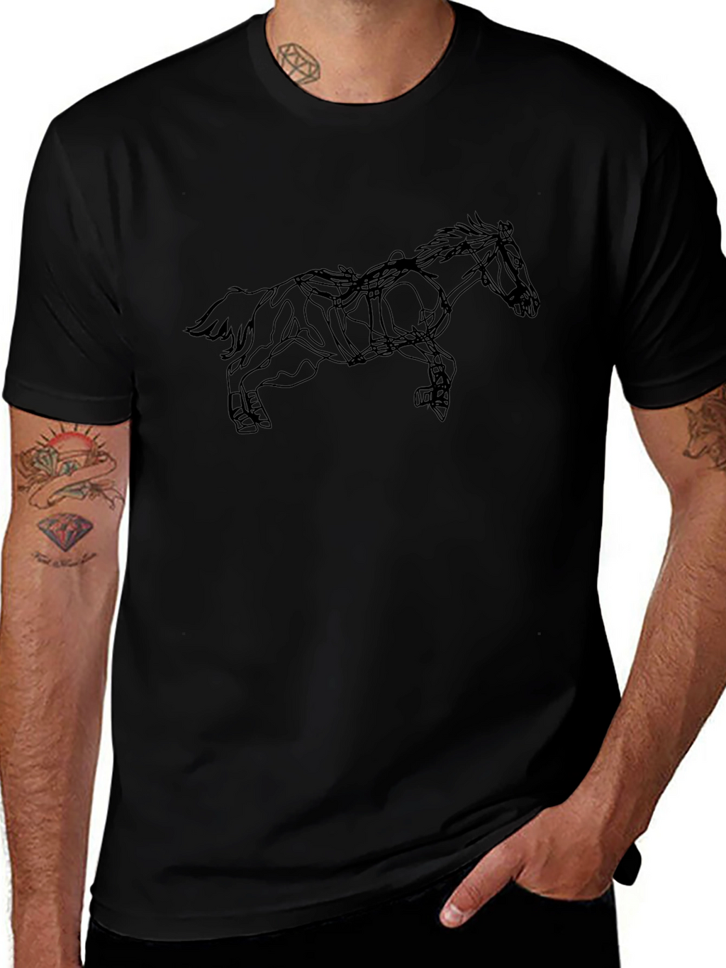 Camiseta Negra con Diseño de Caballo Abstracto