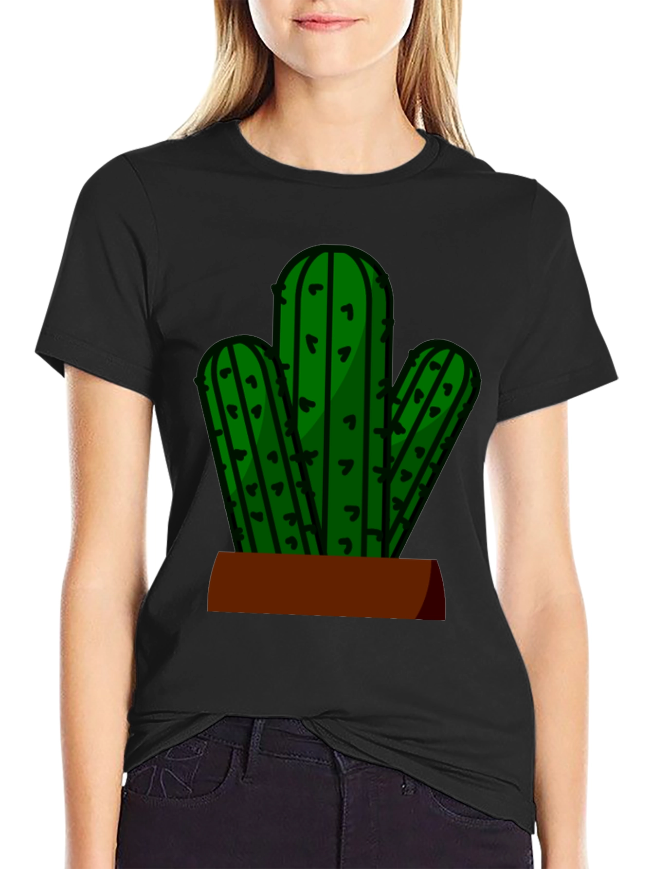 Camiseta Negra con Diseño de Cactus en Maceta