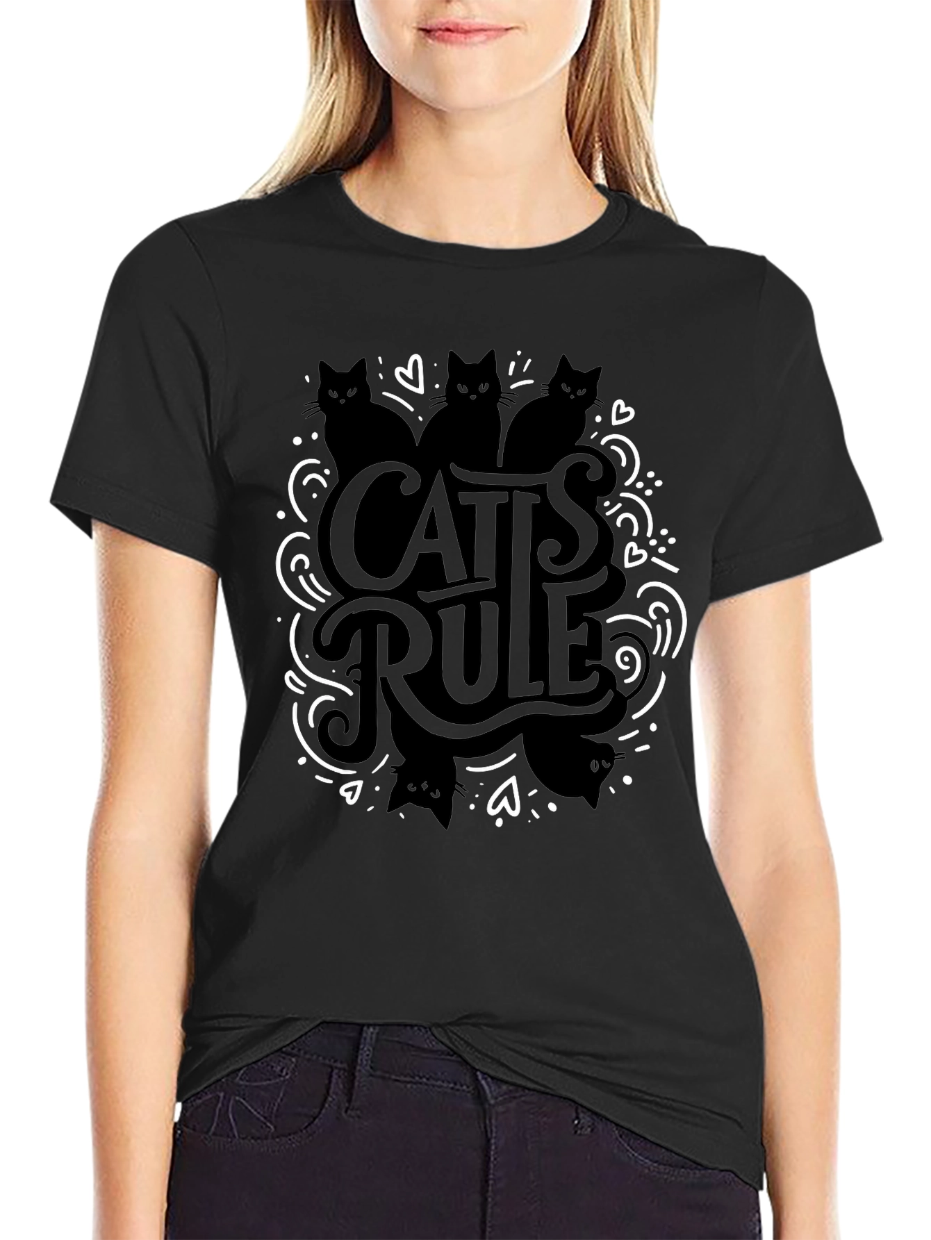 Camiseta Negra Cats Rule para Amantes de los Gatos