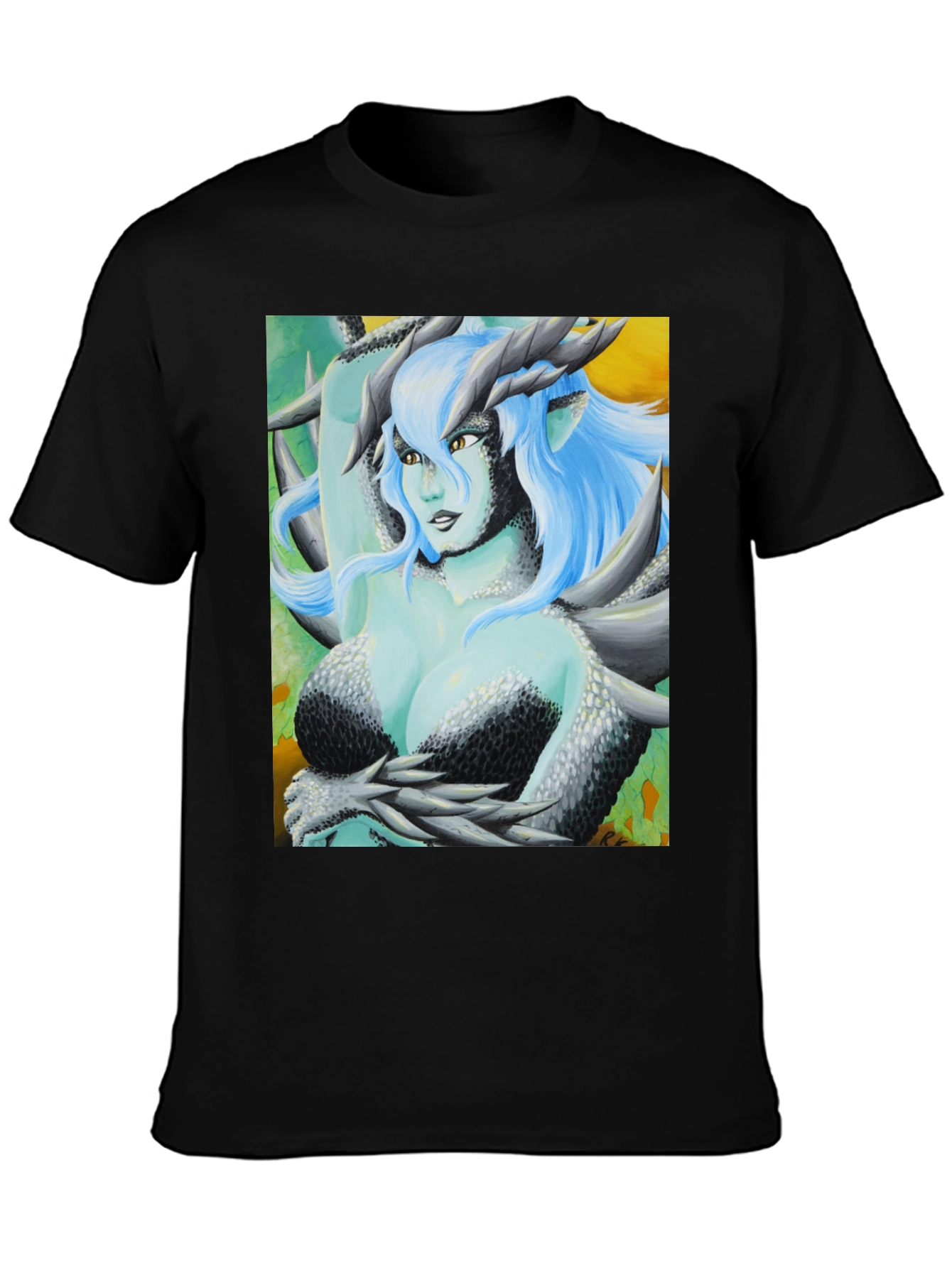 Camiseta Negra con Diseño de Dragona Fantasía