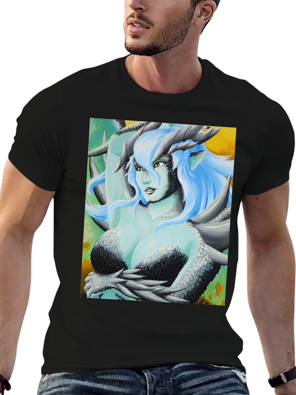 Camiseta Negra con Diseño de Dragona Fantasía
