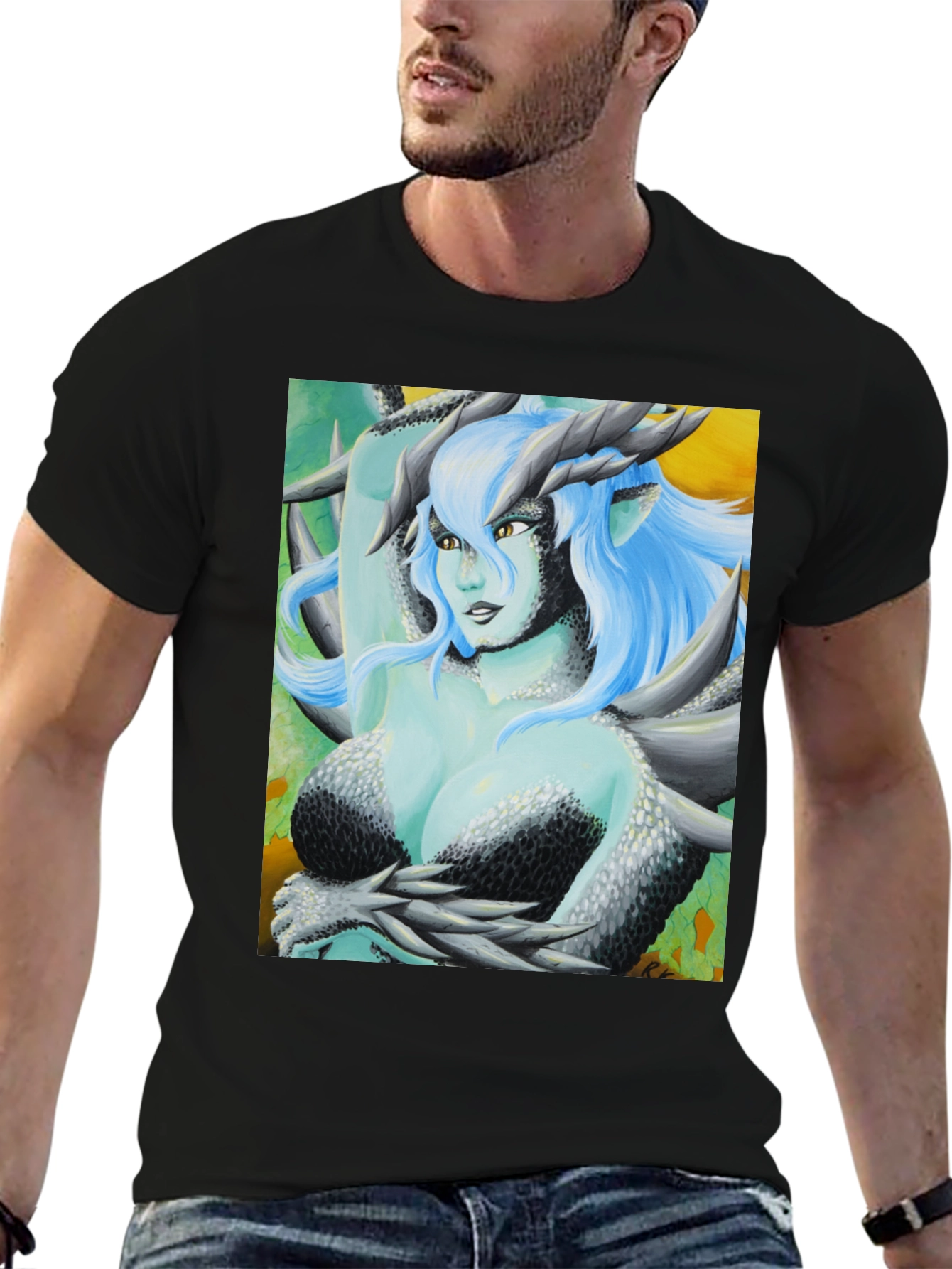 Camiseta Negra con Diseño de Dragona Fantasía