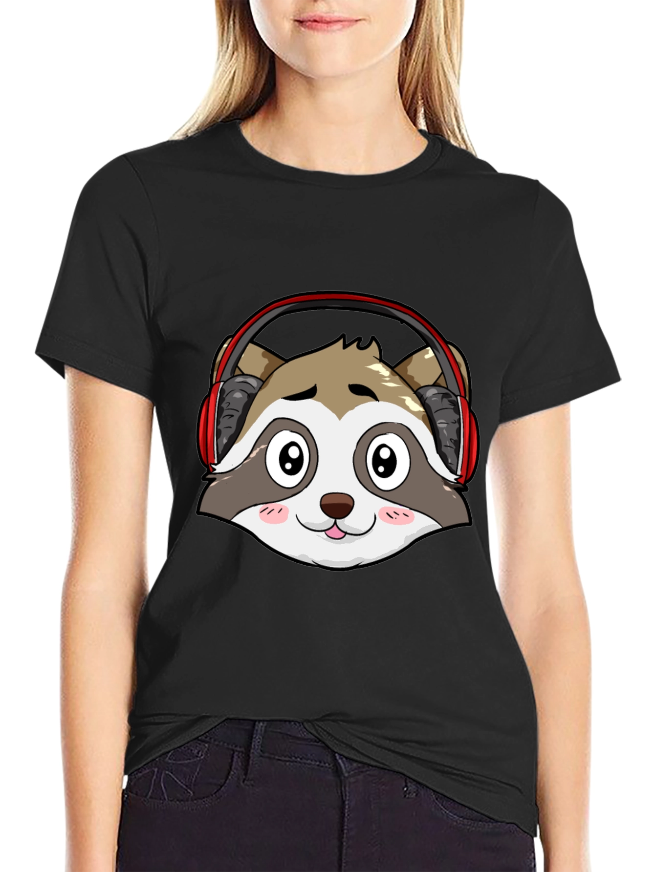 Camiseta Negra con Diseño de Mapache con Auriculares