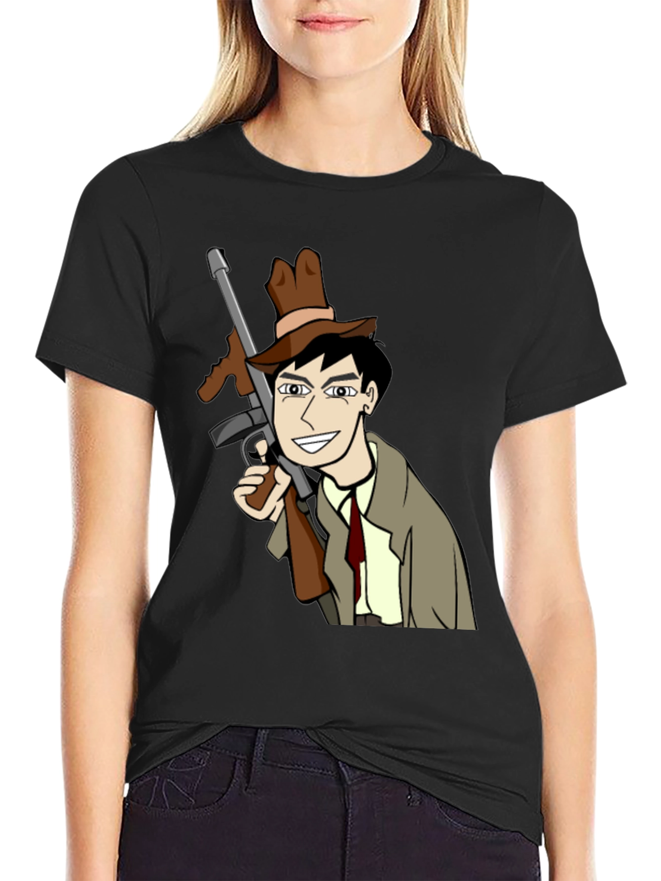 Camiseta Negra con Diseño de Gánster de Dibujos Animados