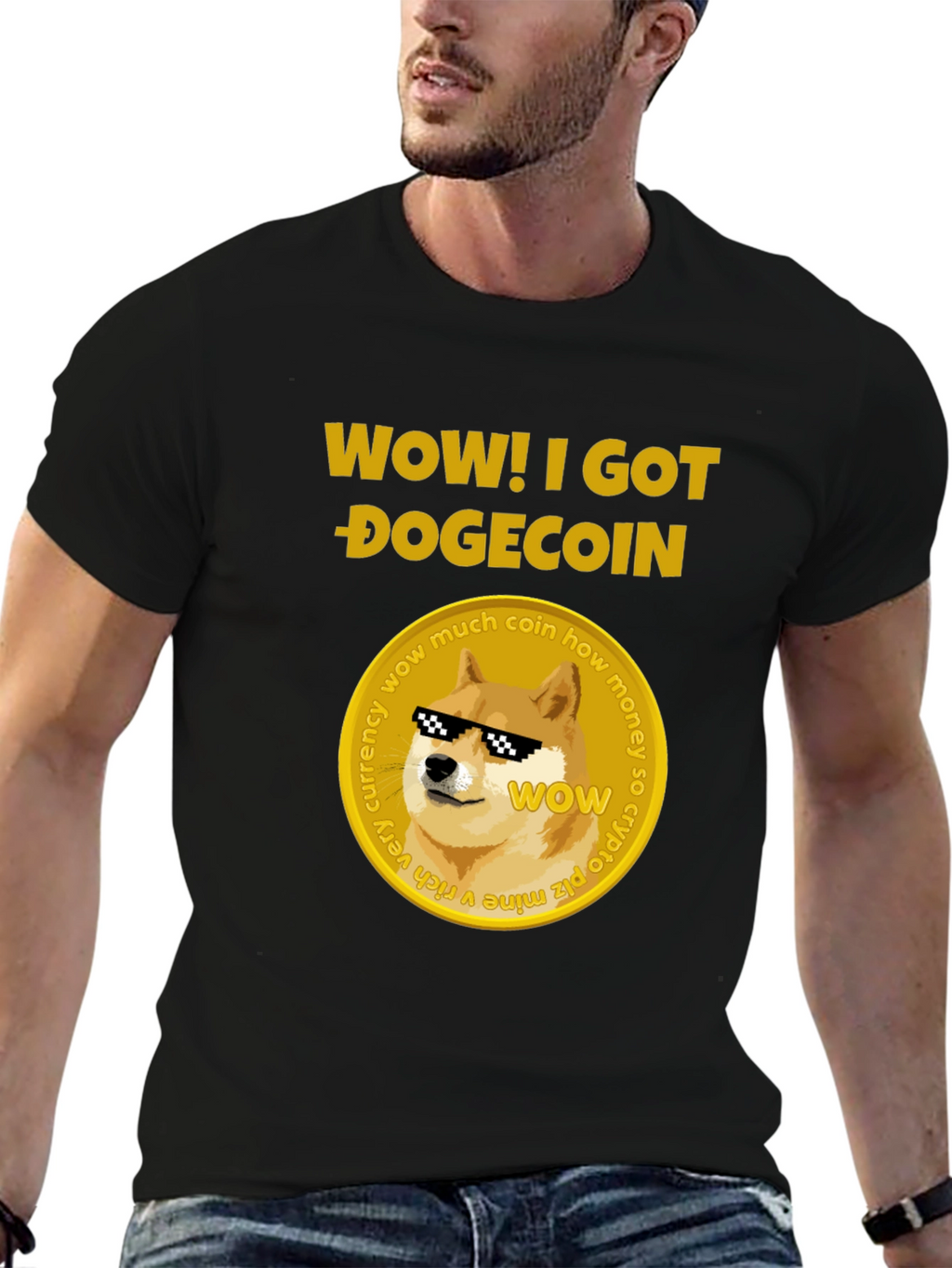 Camiseta Hombre Negra Diseño Dogecoin