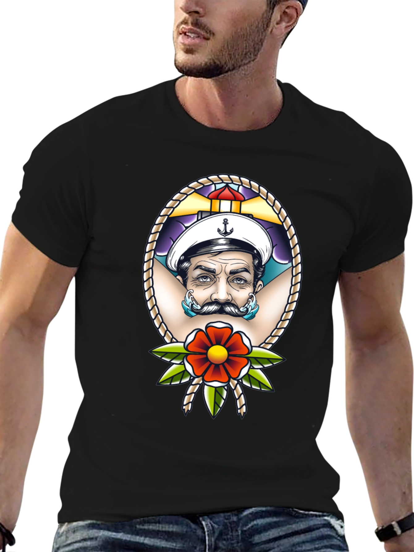 Camiseta Negra con Diseño de Marinero Tatuado