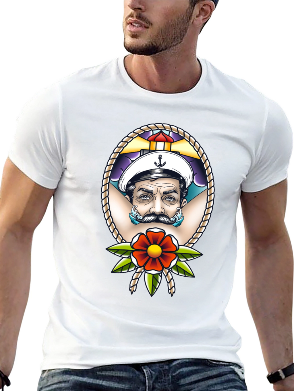 Camiseta Negra con Diseño de Marinero Tatuado