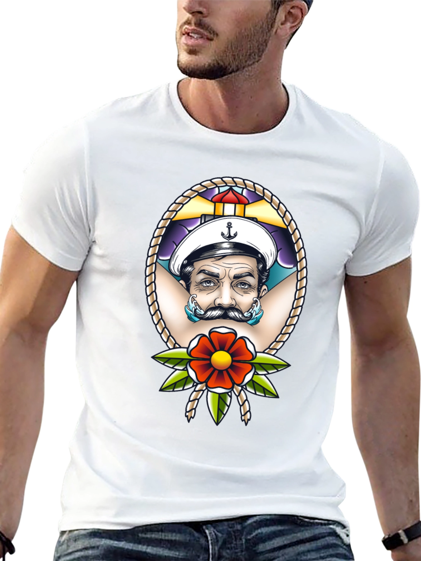 Camiseta Negra con Diseño de Marinero Tatuado