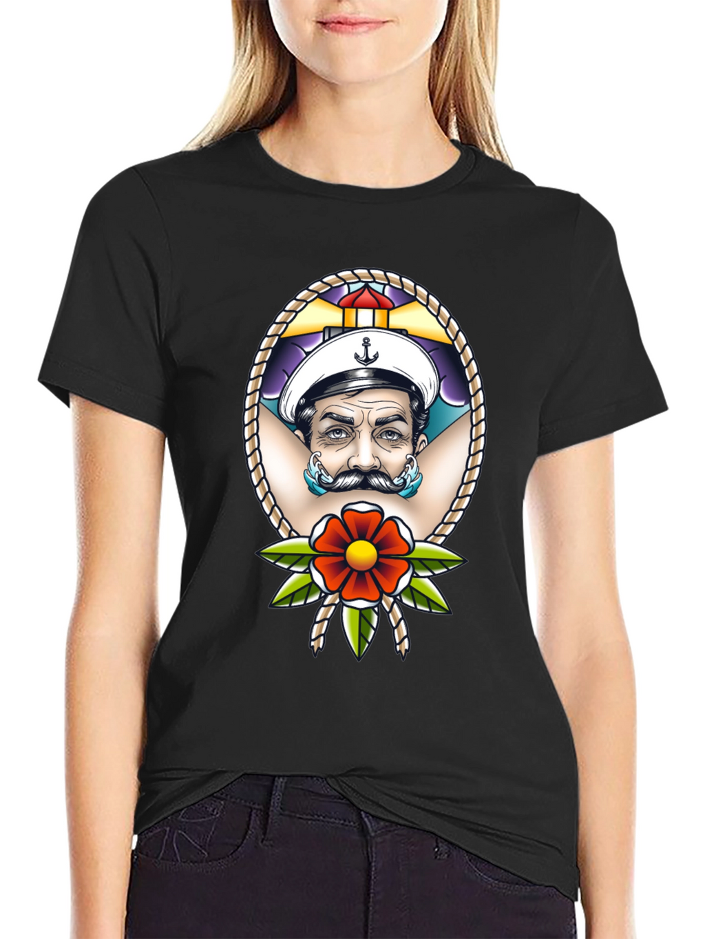 Camiseta Negra con Diseño de Marinero Tatuado