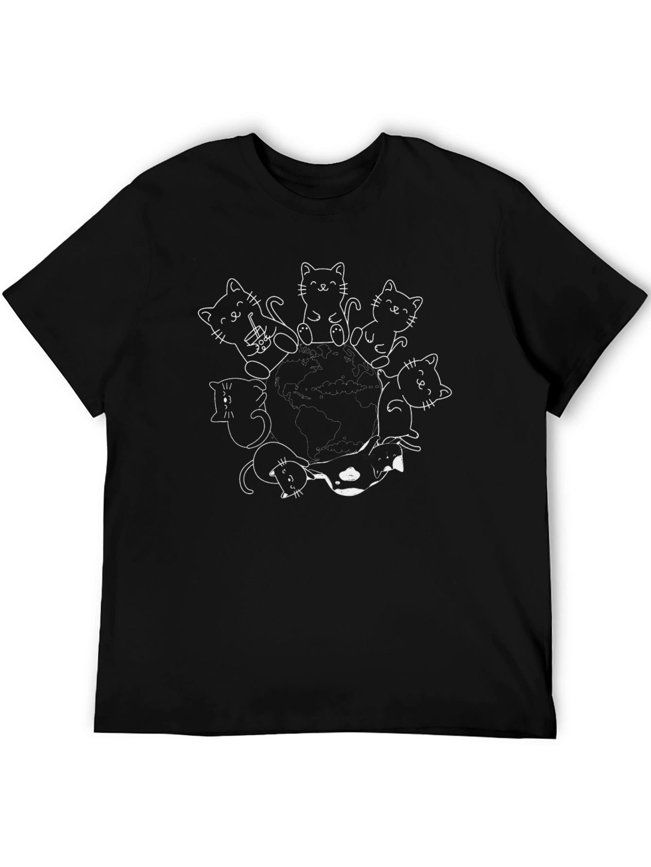 Camiseta Negra con Diseño de Gatos Around the World