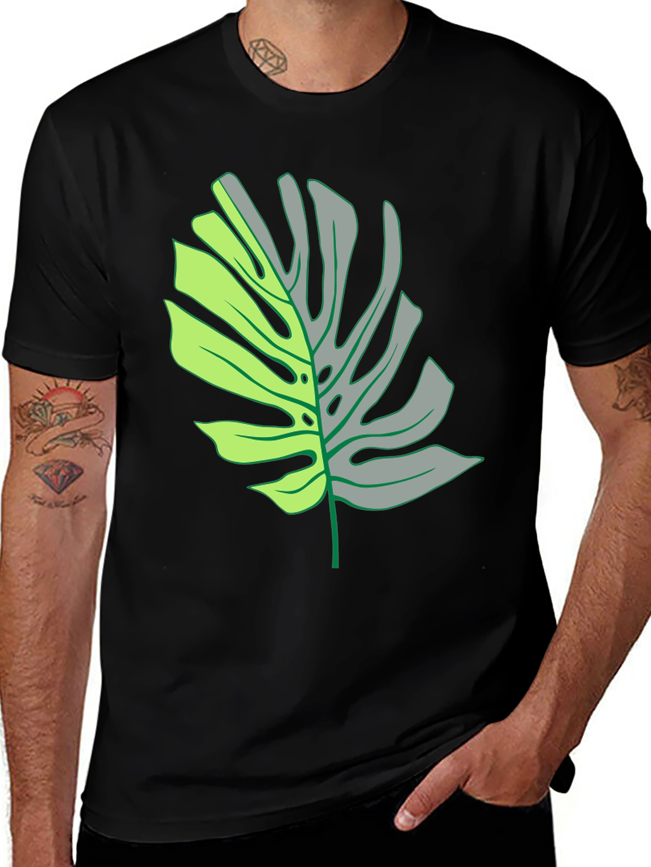 Camiseta Negra con Diseño de Hoja Monstera Dividida