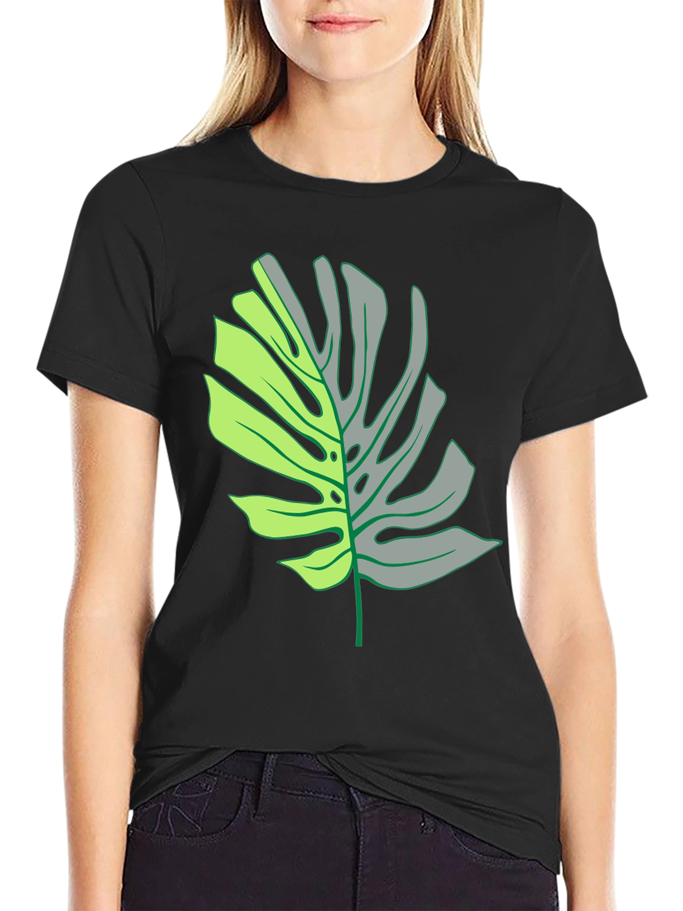 Camiseta Negra con Diseño de Hoja Monstera Dividida