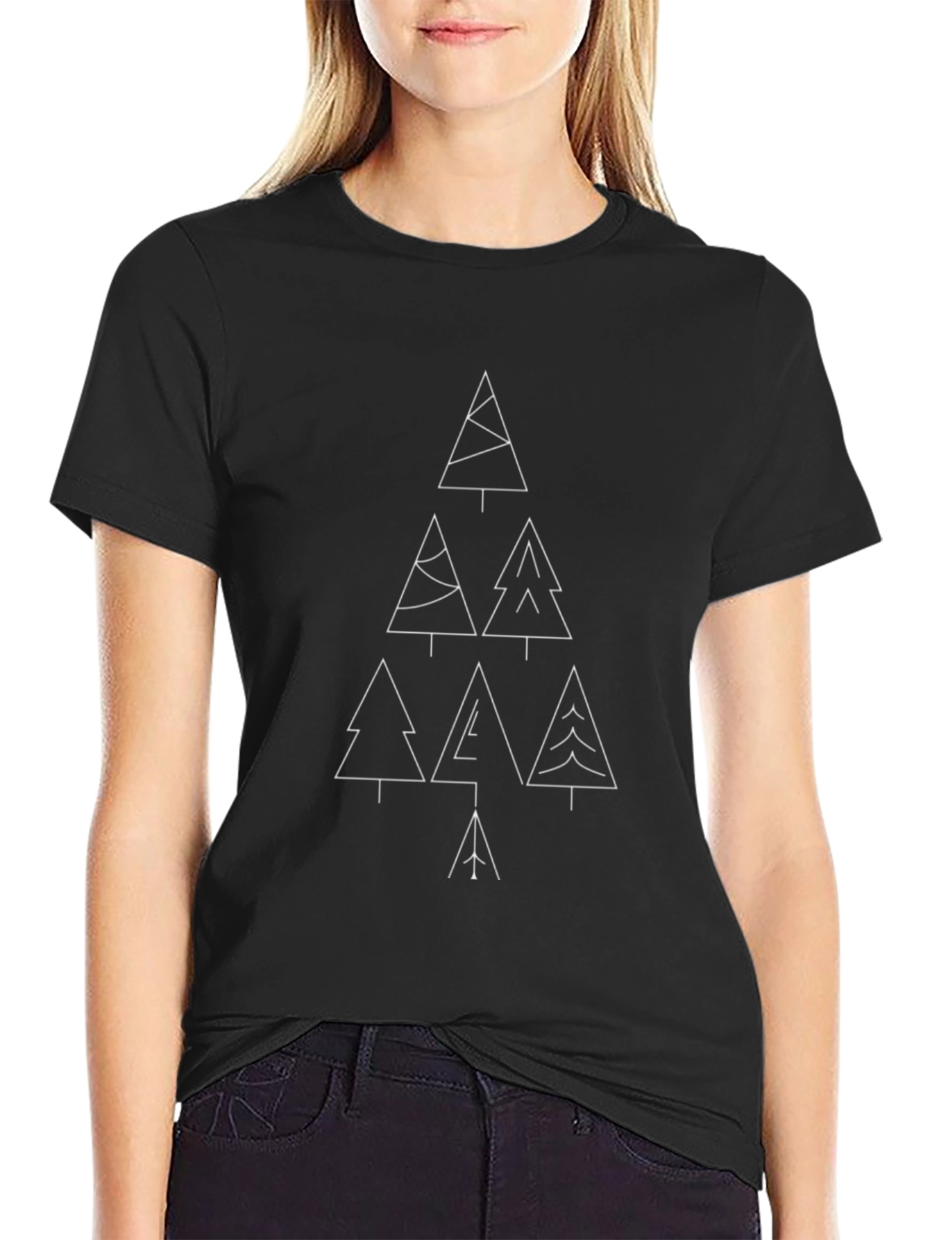 Camiseta Negra Árboles Navideños Minimalistas