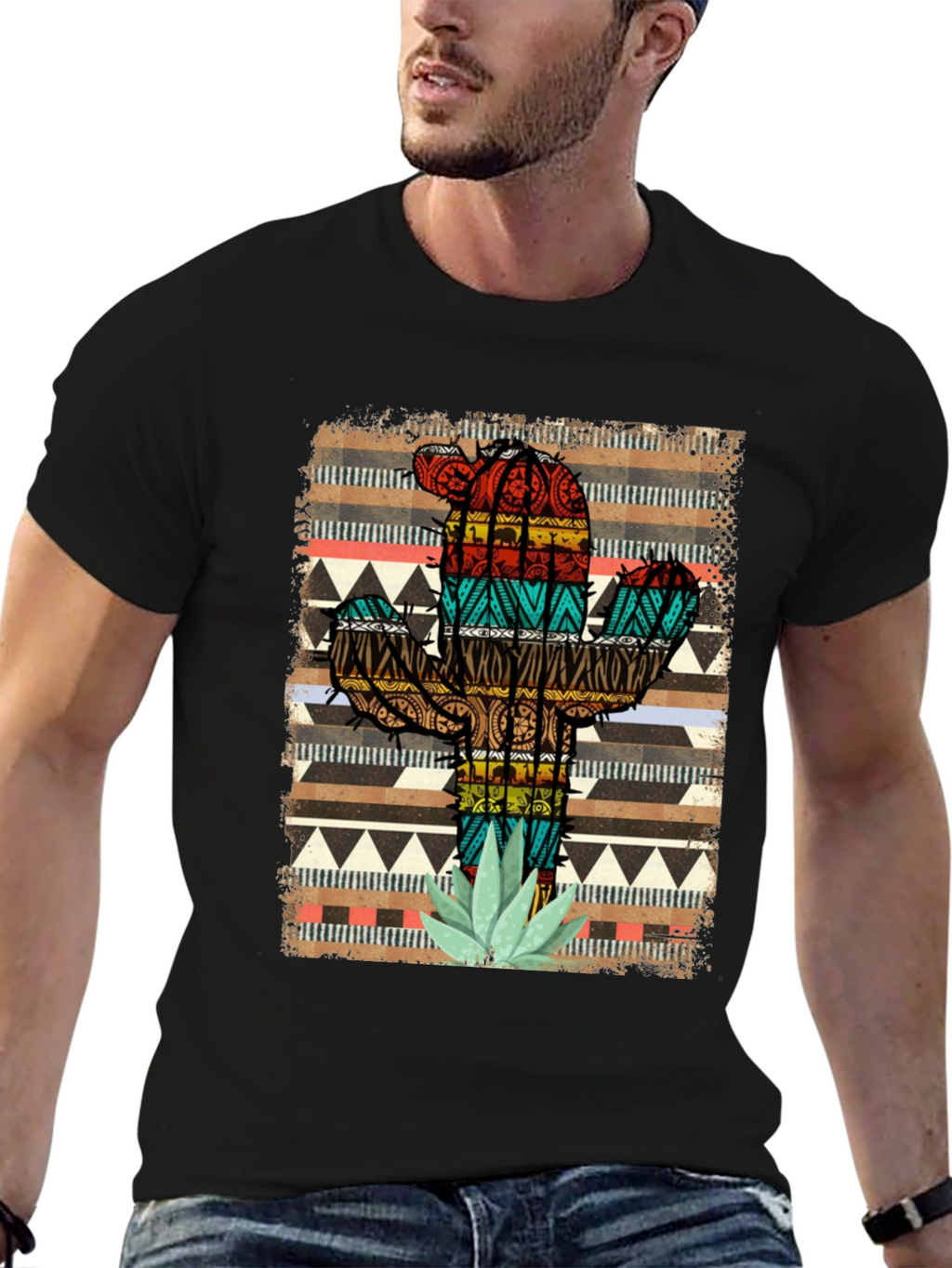 Camiseta Negra Cactus Tribal Estampado