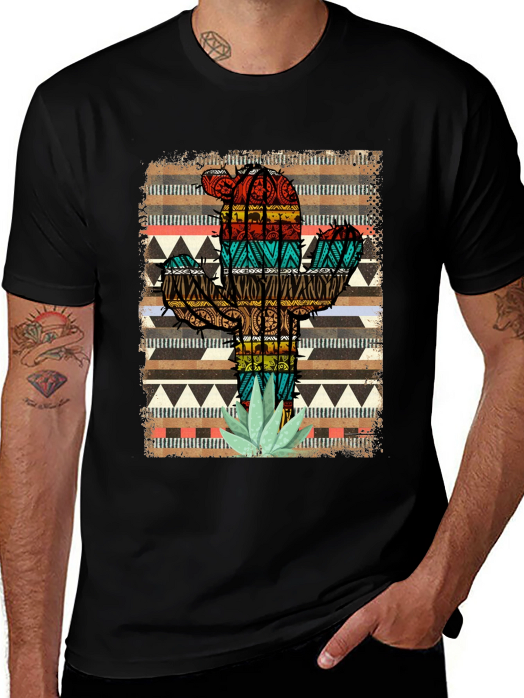 Camiseta Negra Cactus Tribal Estampado
