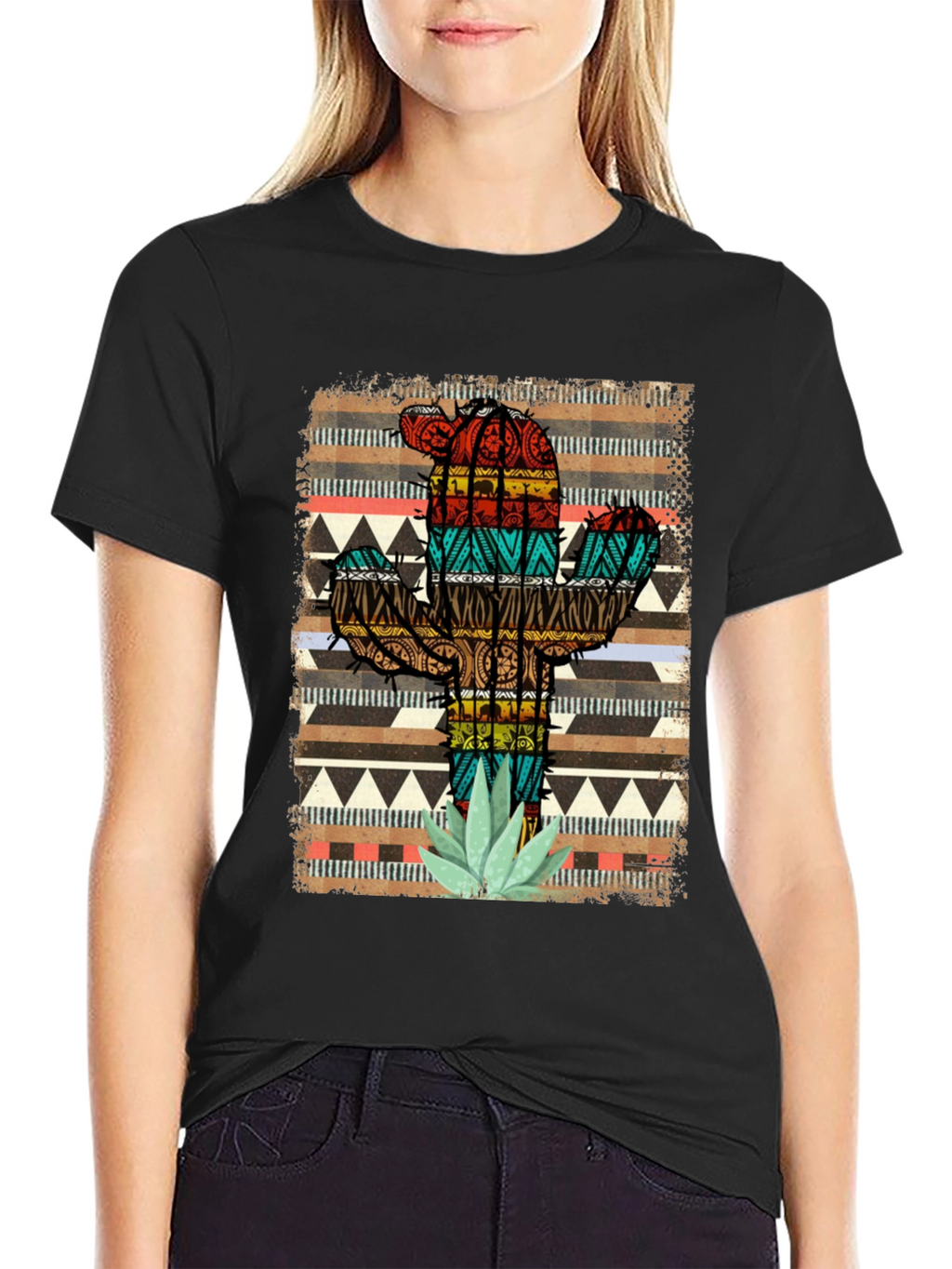 Camiseta Negra Cactus Tribal Estampado