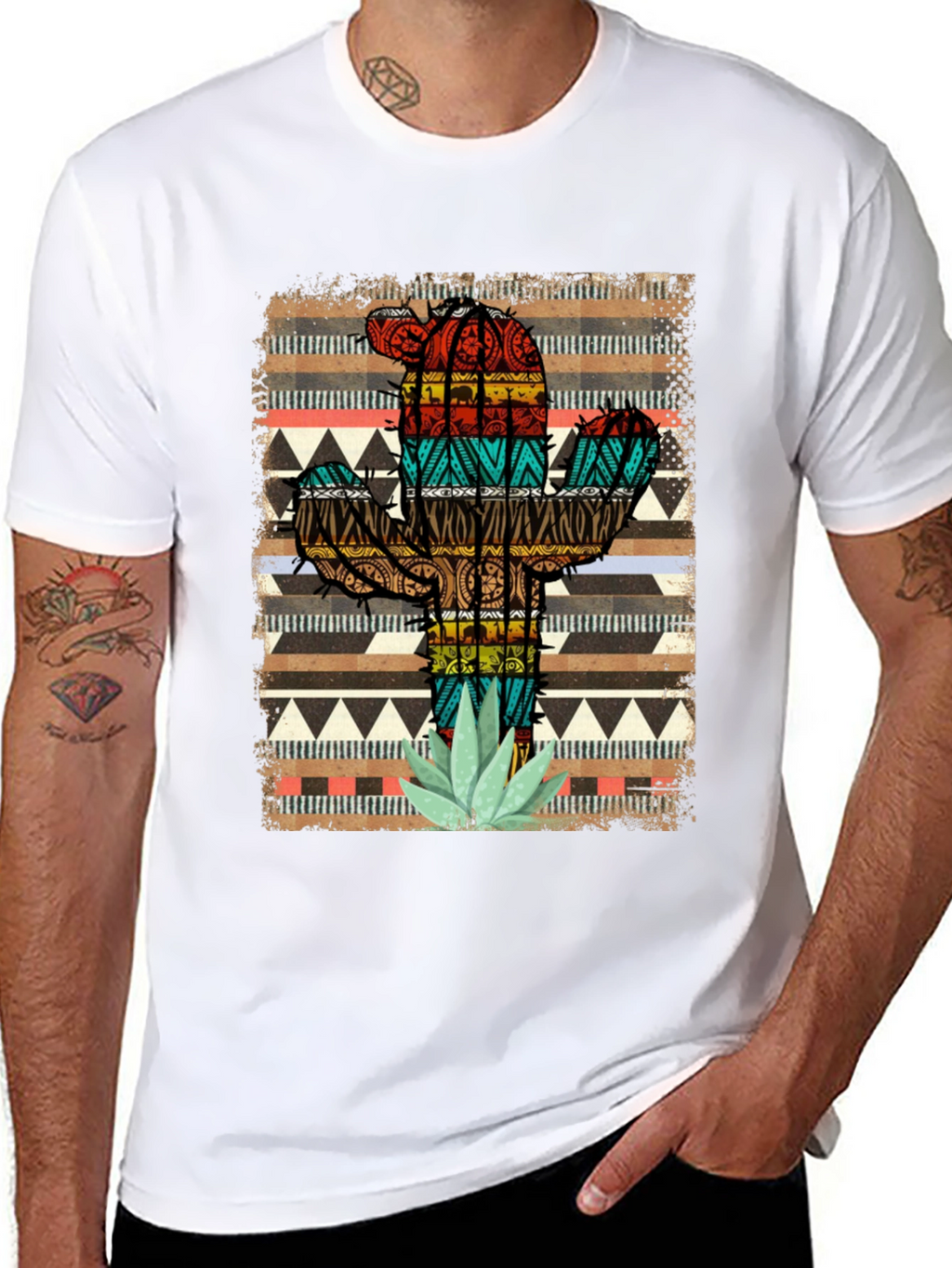 Camiseta Negra Cactus Tribal Estampado