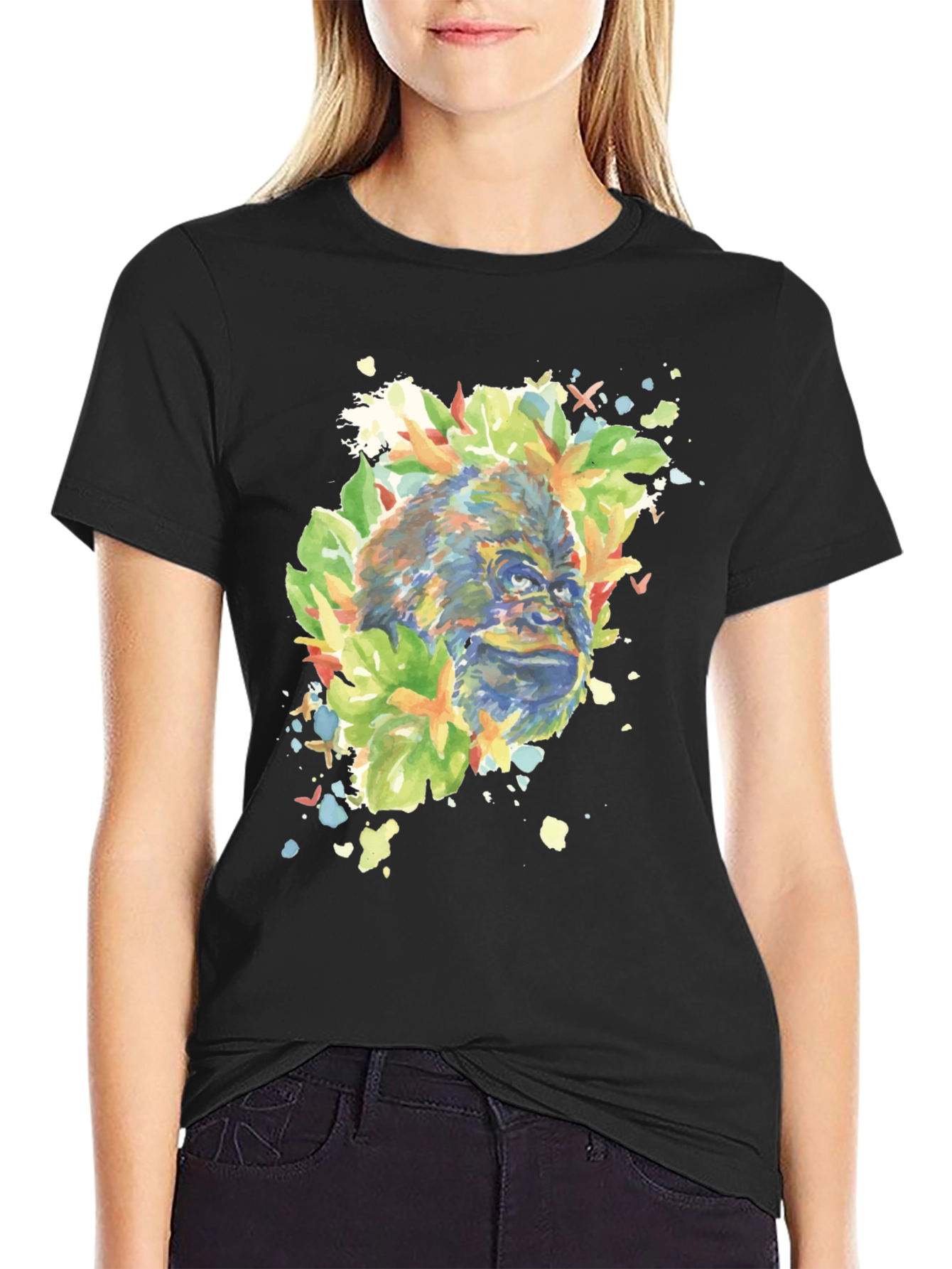 Camiseta Negra con Diseño de Gorila Acuarela