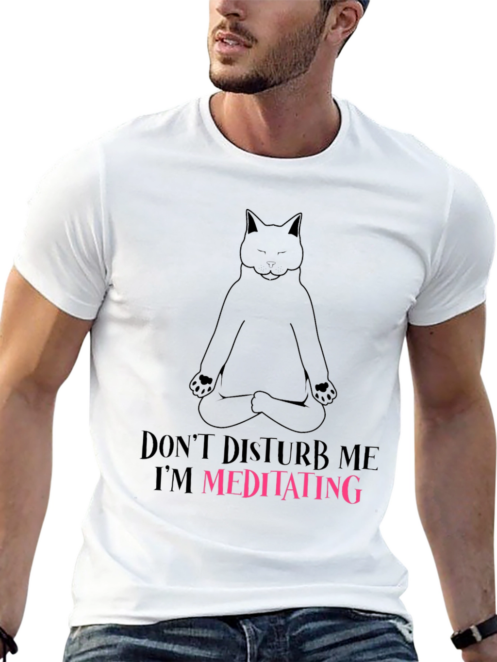 Camiseta Negra con Diseño de Gato Meditando