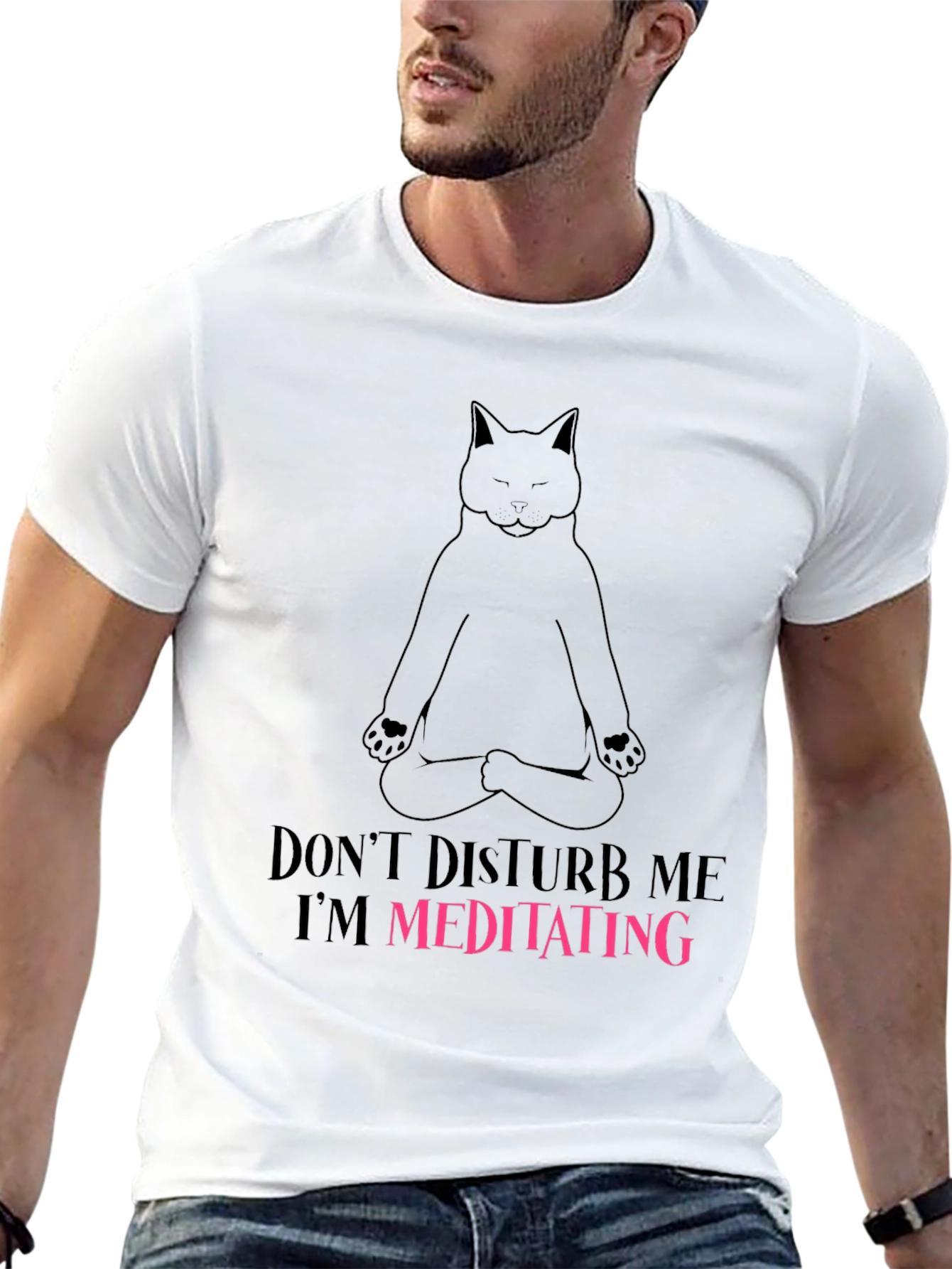 Camiseta Negra con Diseño de Gato Meditando