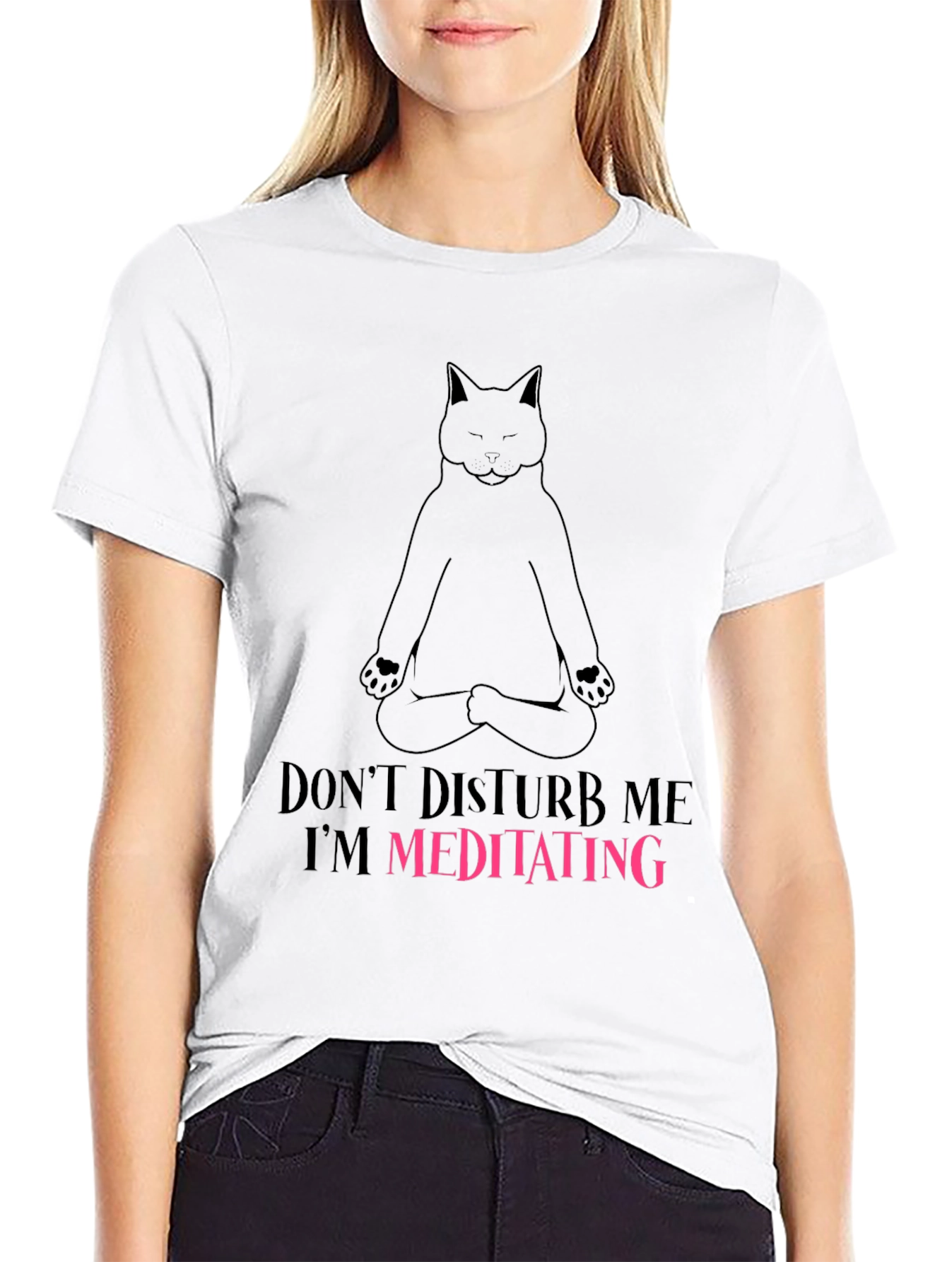 Camiseta Negra con Diseño de Gato Meditando