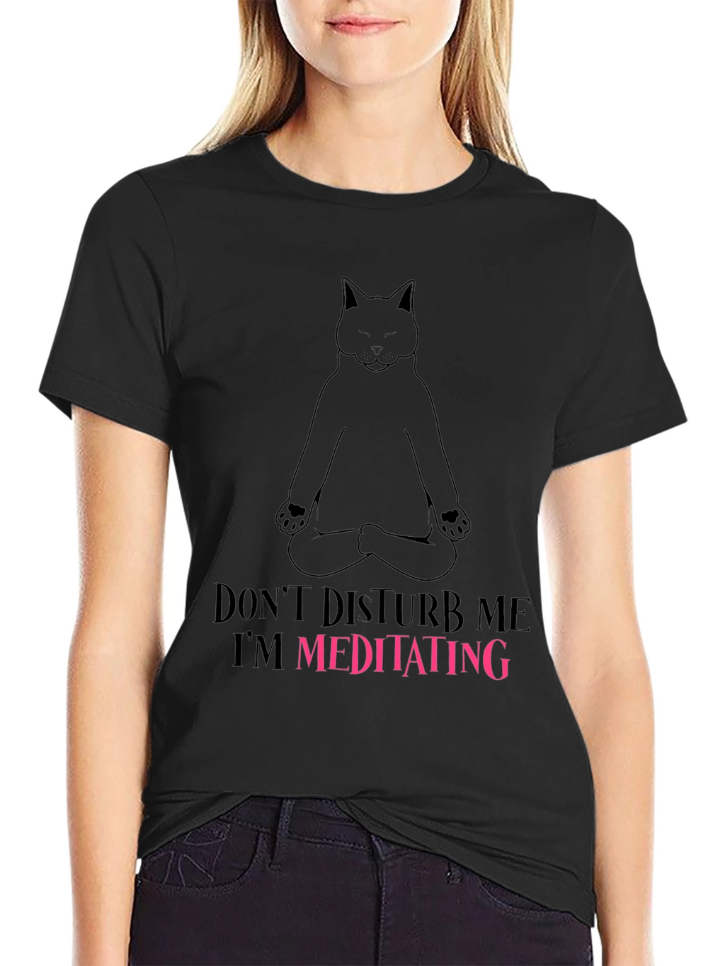 Camiseta Negra con Diseño de Gato Meditando