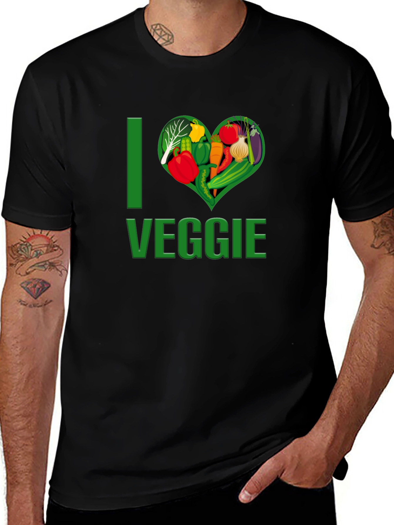 Camiseta Negra Amo Vegetales Corazón Vegetariano