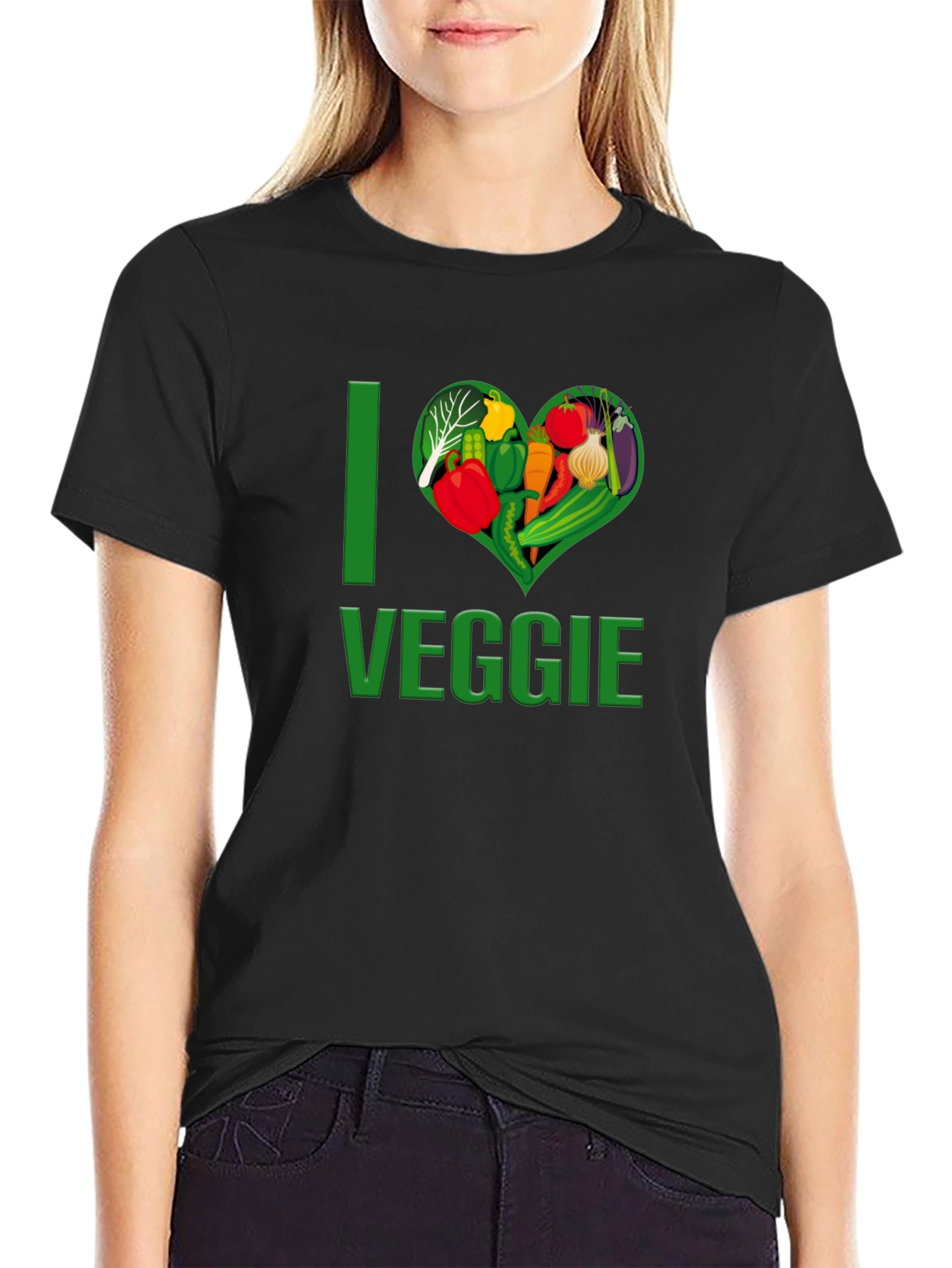 Camiseta Negra Amo Vegetales Corazón Vegetariano