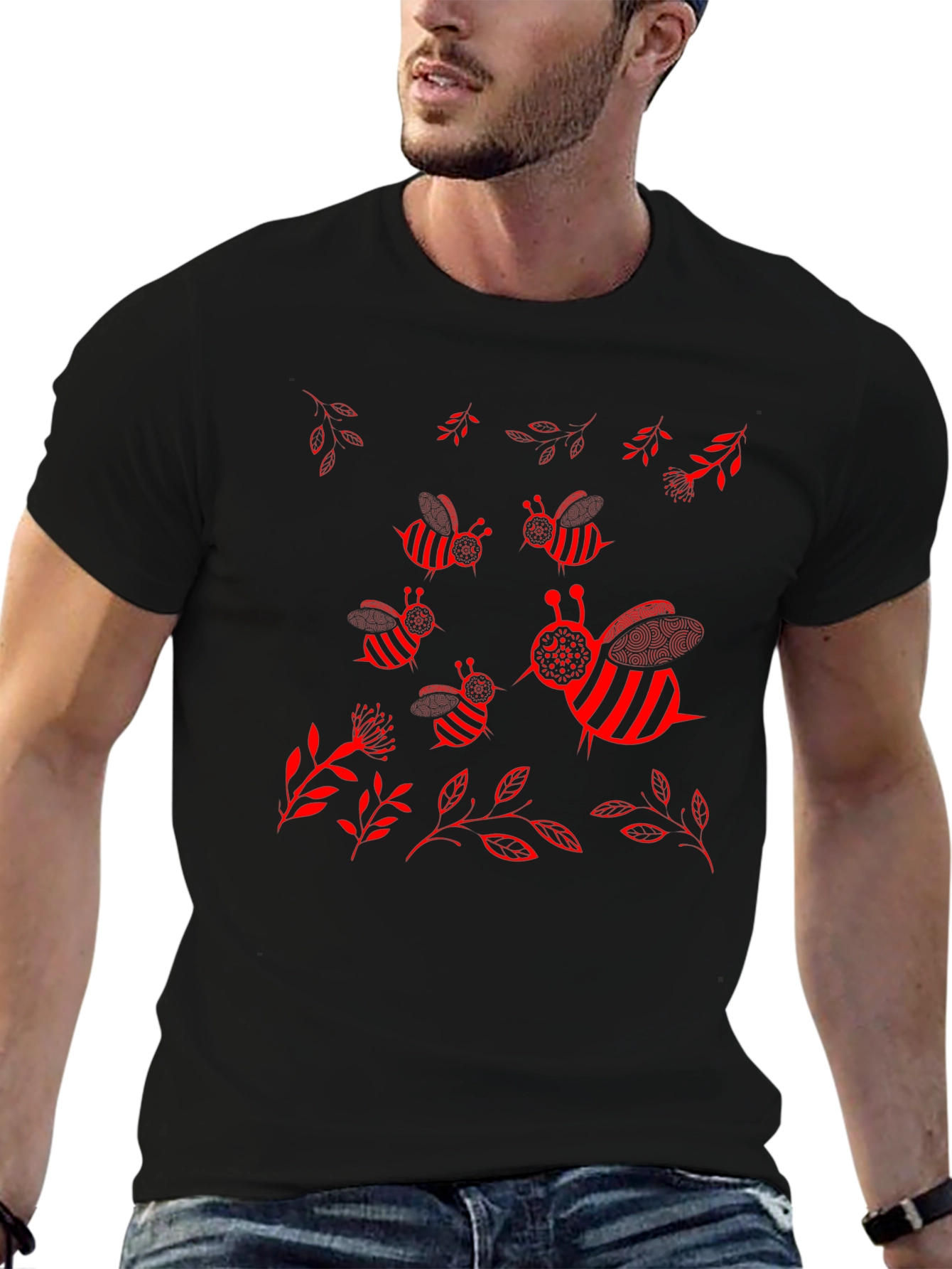 Camiseta Negra con Diseño de Abejas Rojas