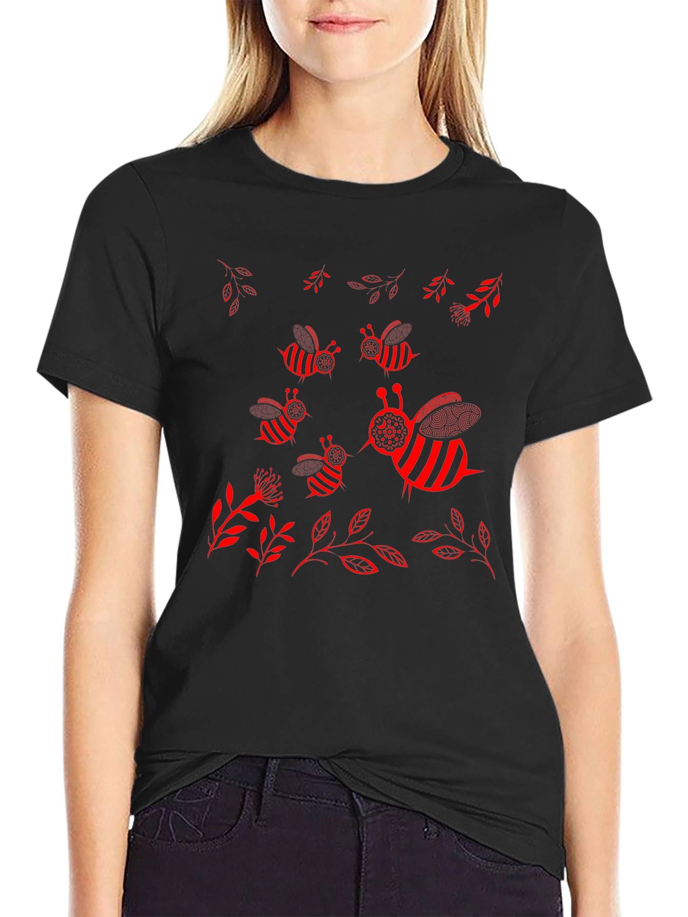 Camiseta Negra con Diseño de Abejas Rojas