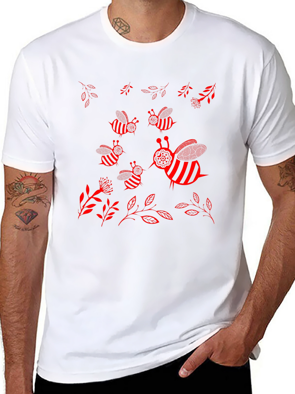 Camiseta Negra con Diseño de Abejas Rojas