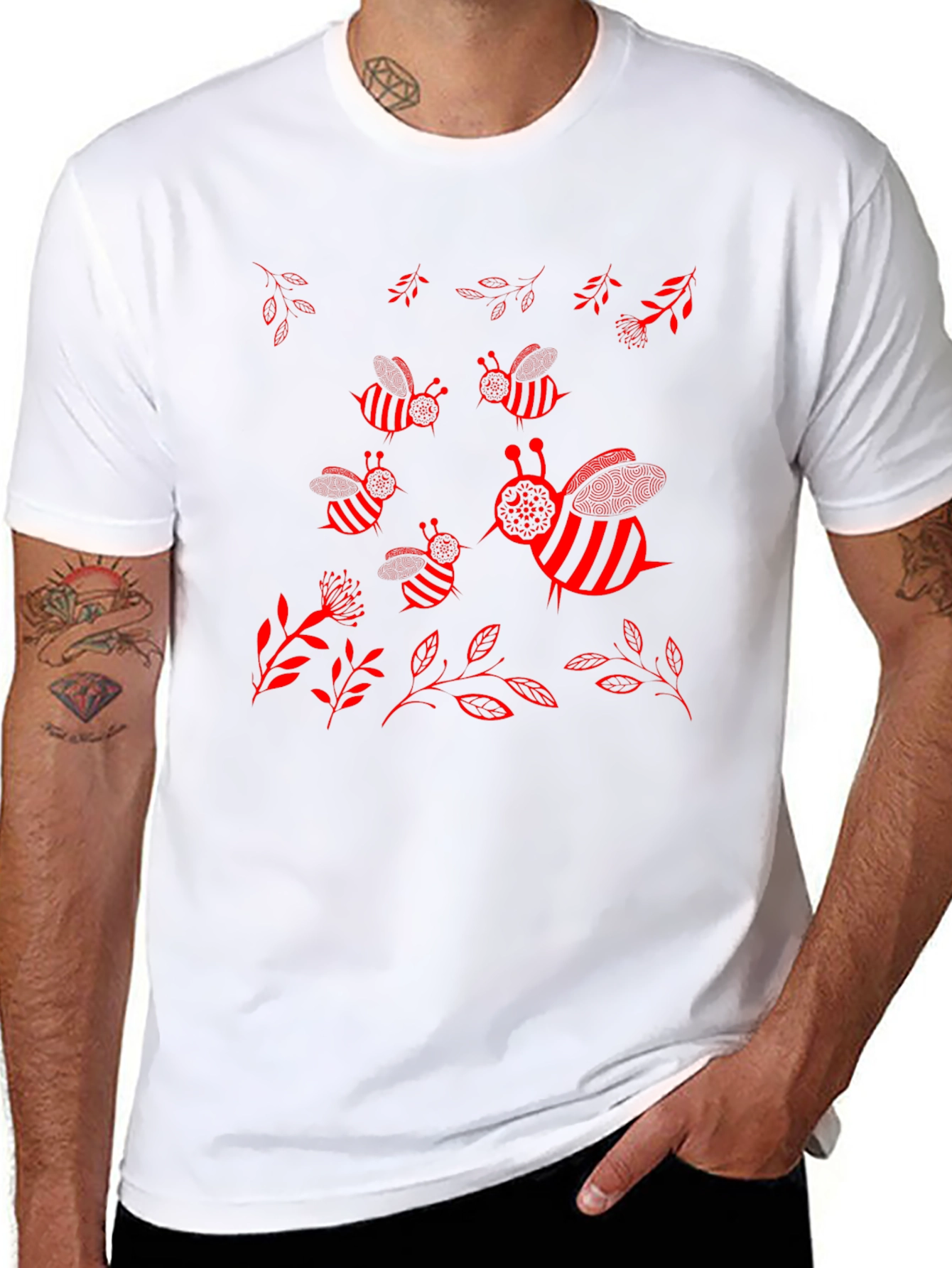 Camiseta Negra con Diseño de Abejas Rojas