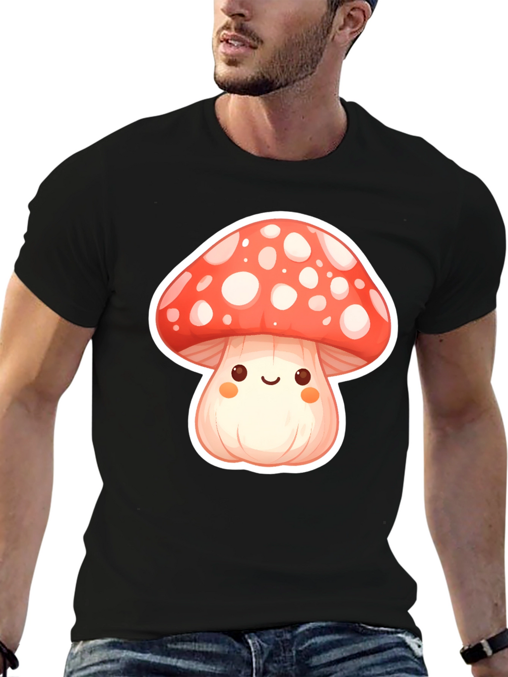 Camiseta Negra con Diseño de Hongo Kawaii